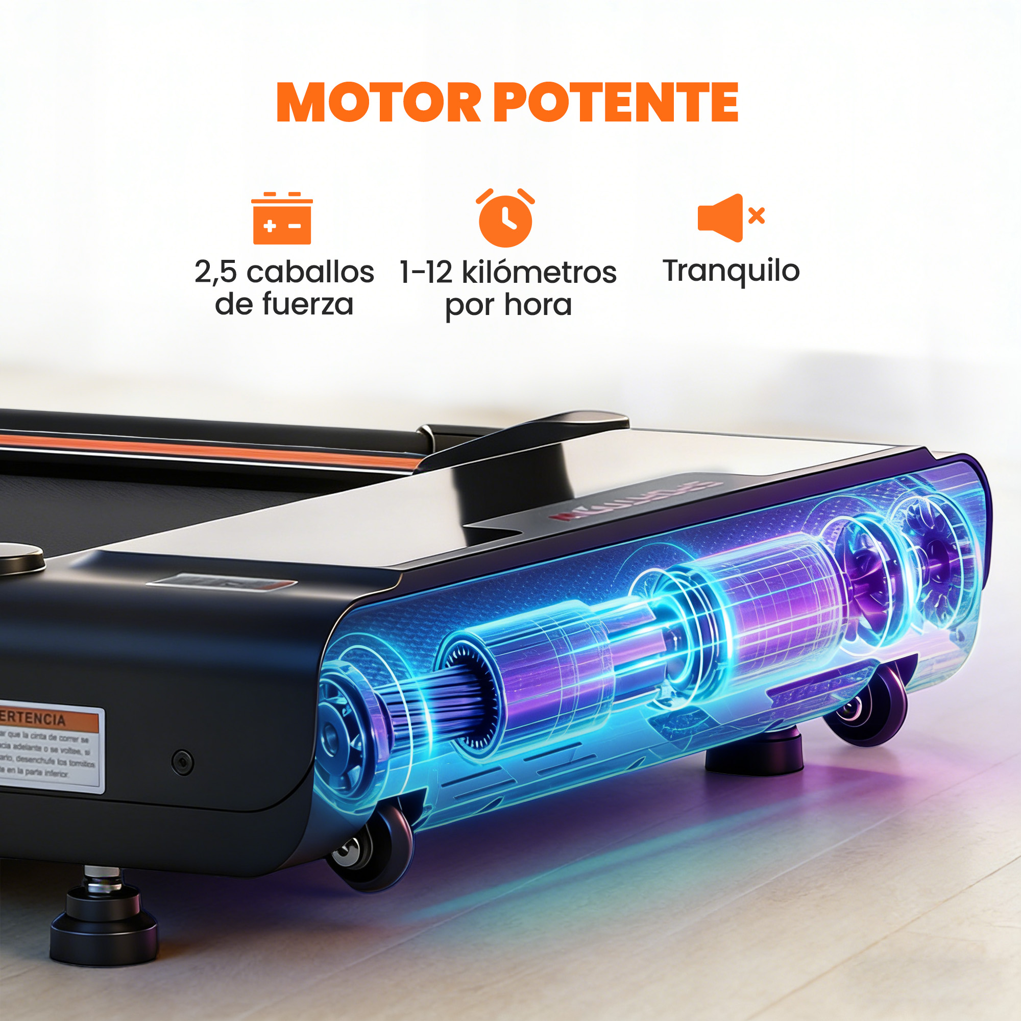 Motor de cinta de correr: 2,5 CV, 1-12 km/h, silencioso. Luces azules muestran el motor.