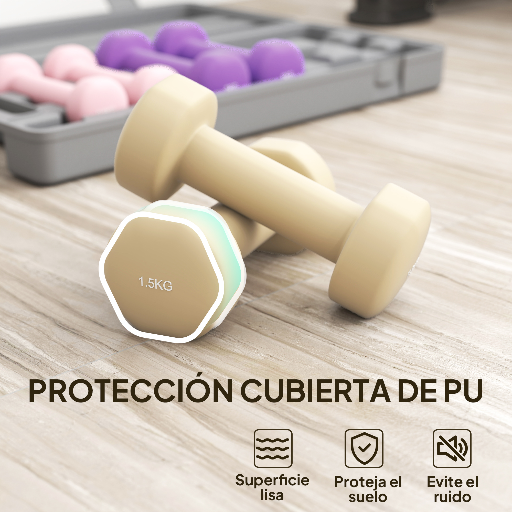 Dos mancuernas beige descansan sobre un suelo de madera. Mancuernas rosas y moradas en un estuche.