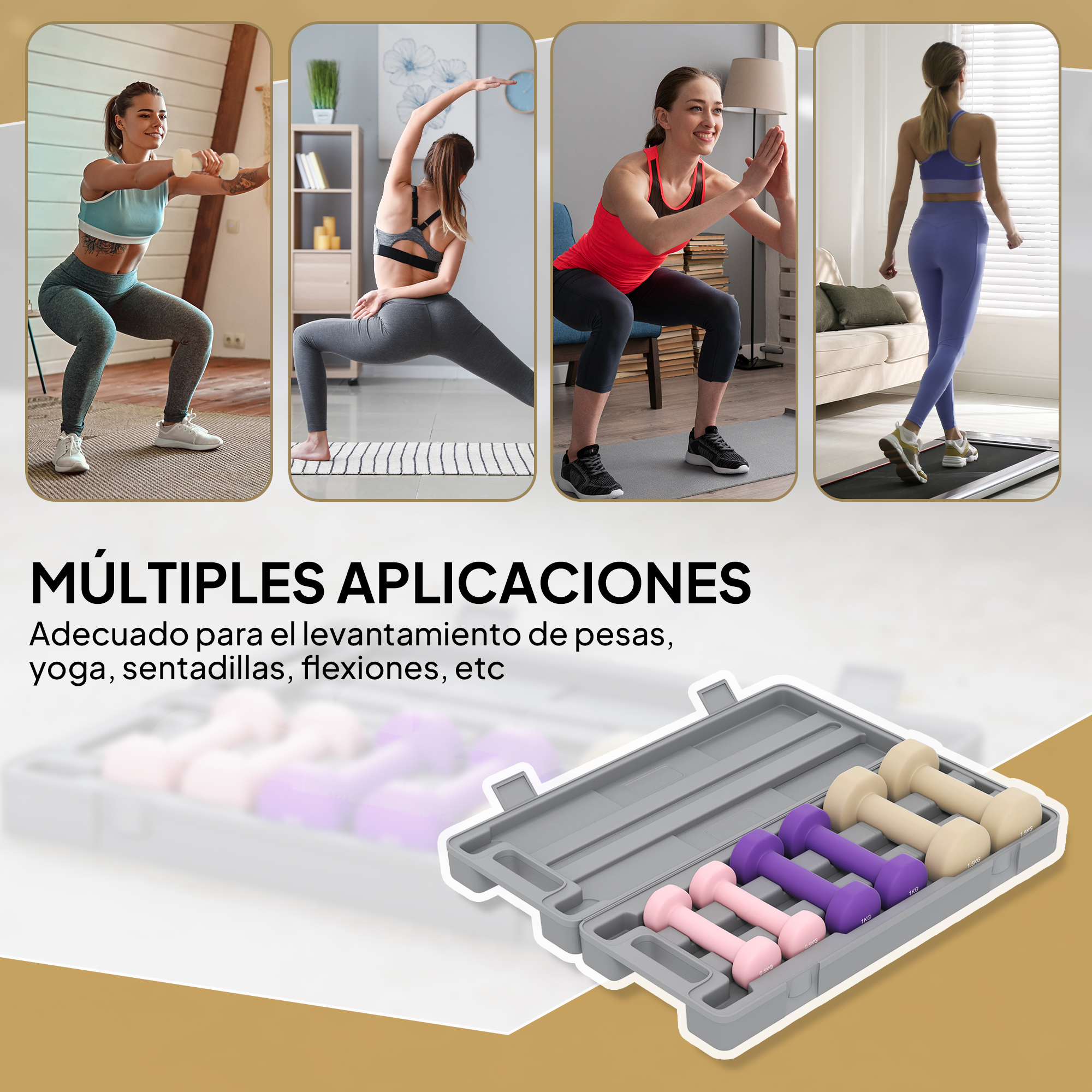 Collage de mujeres haciendo ejercicio con mancuernas y en cinta. Estuche de mancuernas.