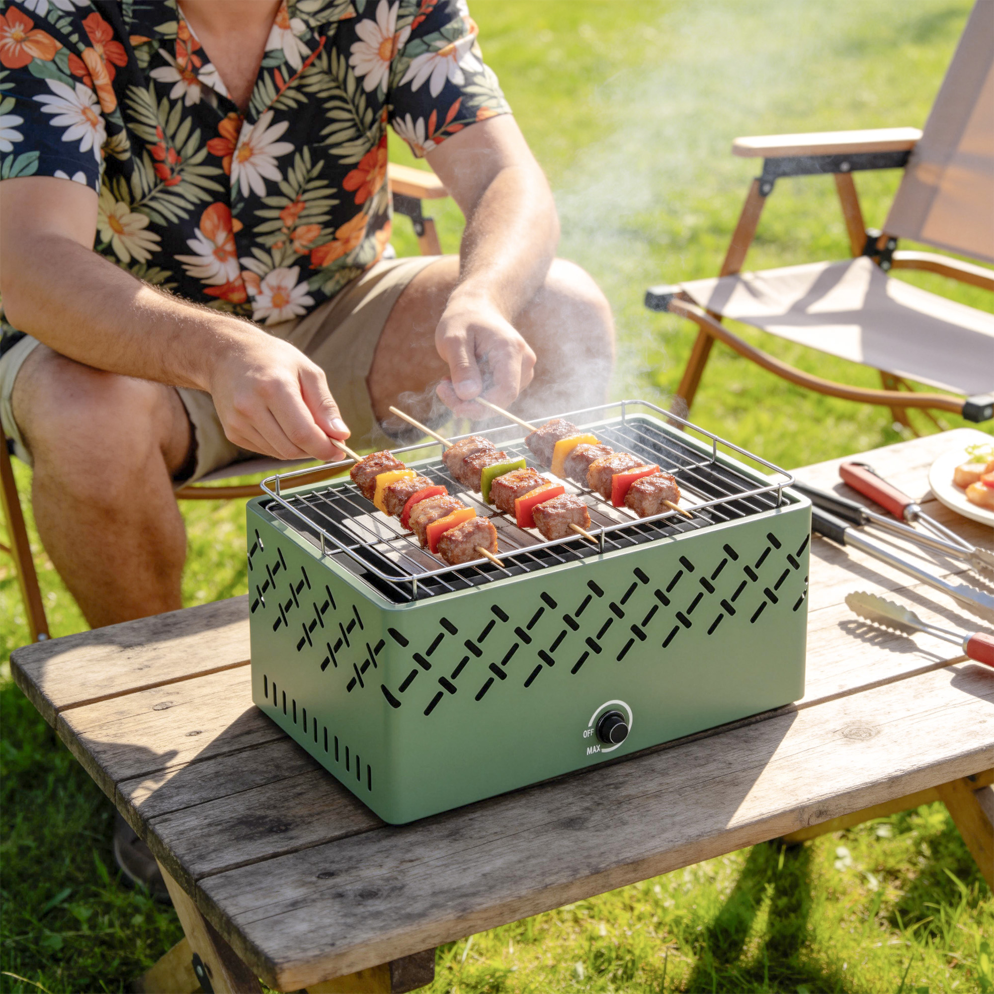 Hombre asando brochetas de carne y verduras en una parrilla portátil verde al aire libre.