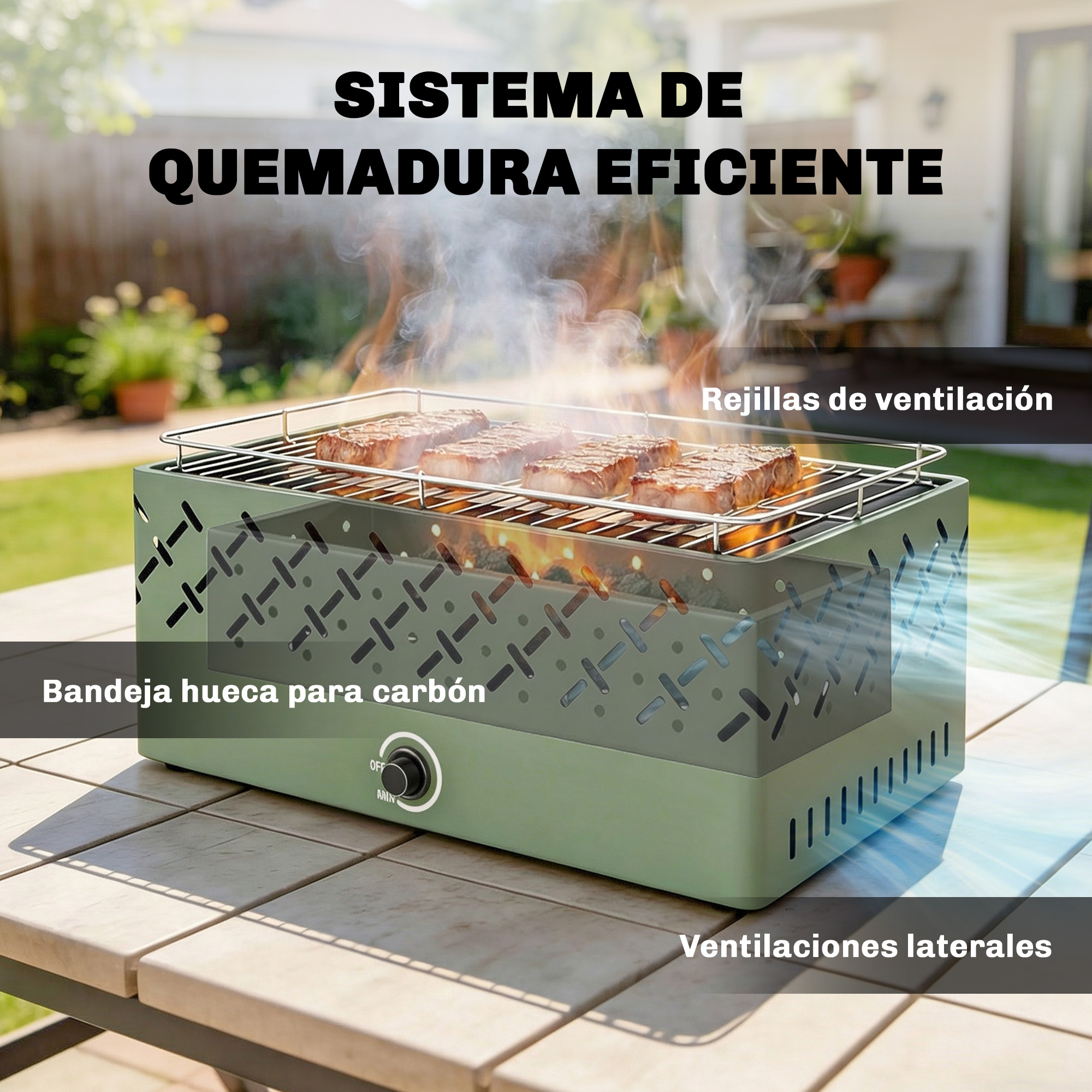 Parrilla verde con filetes cocinándose, humo ascendiendo. Con ranuras de ventilación.