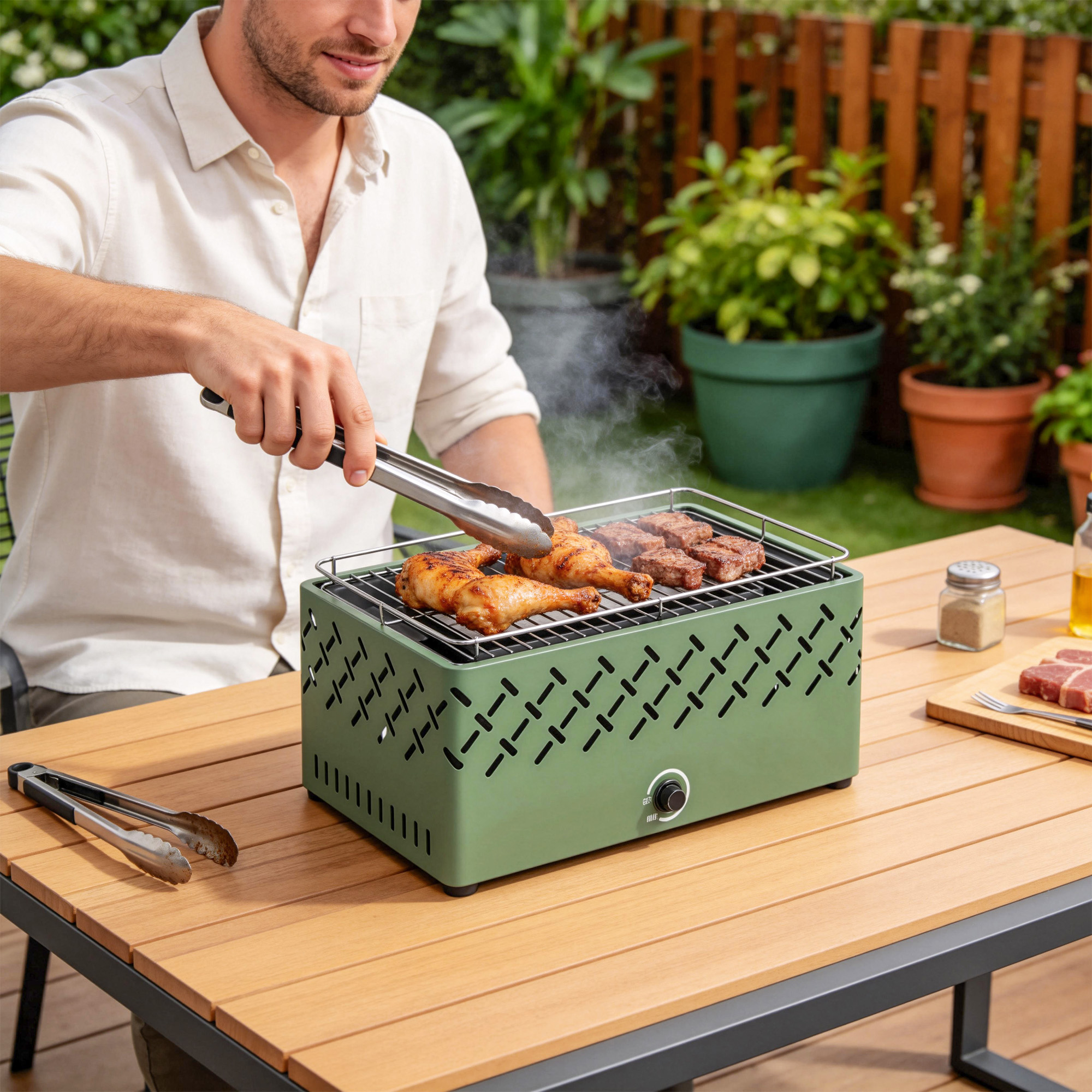 Hombre asando pollo y bistec al aire libre en una parrilla portátil verde sobre una mesa de madera.