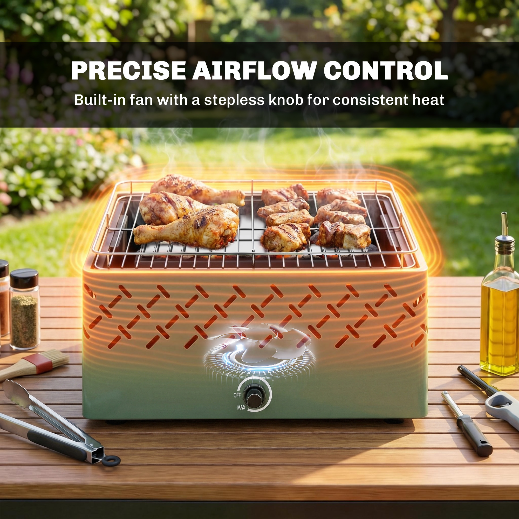 Parrilla con muslos de pollo y carne, con ventilador y control. Al aire libre.