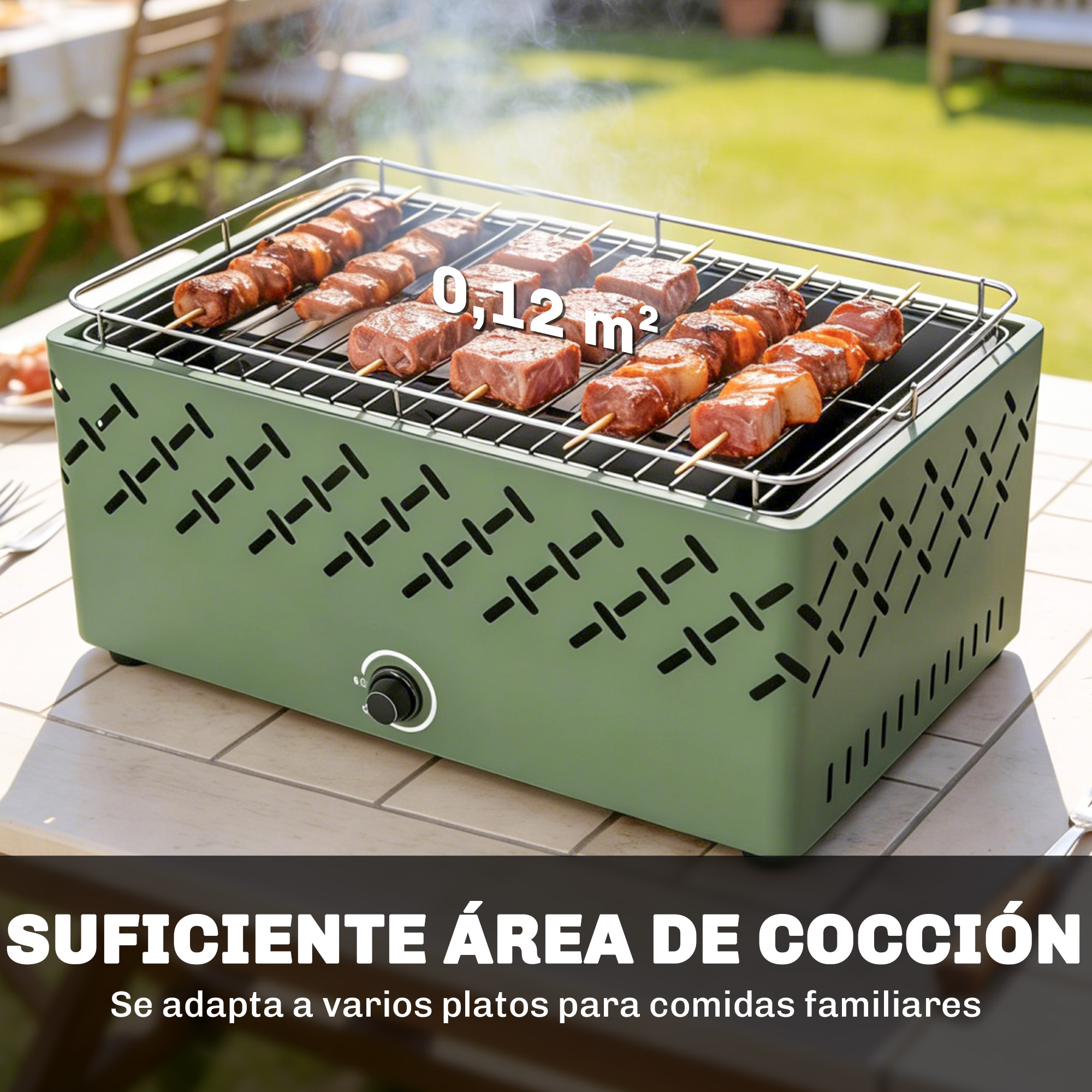 Parrilla verde con brochetas de carne y humo, área de cocción de 0,12 m².