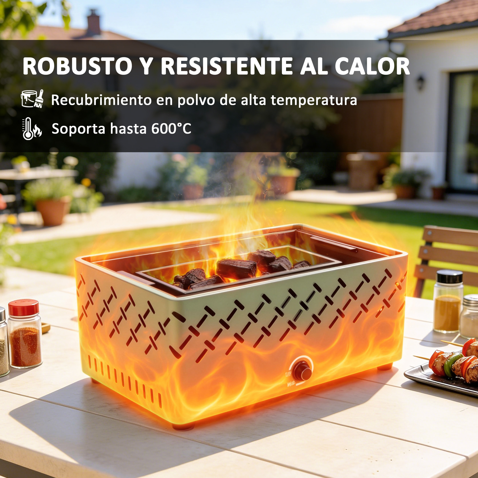 Una parrilla con estampado de llamas está sobre una mesa con especias y brochetas en un jardín.