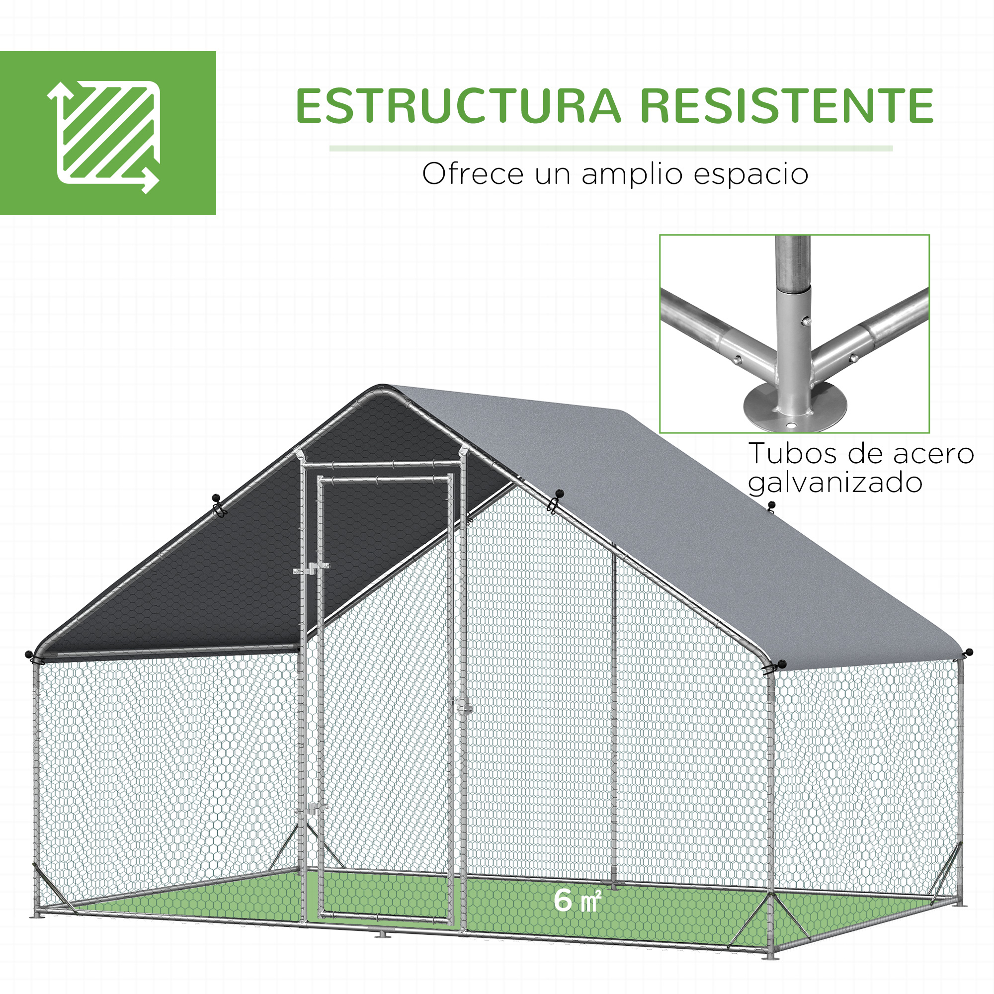Gallinero robusto con techo resistente a la intemperie y recinto de malla.