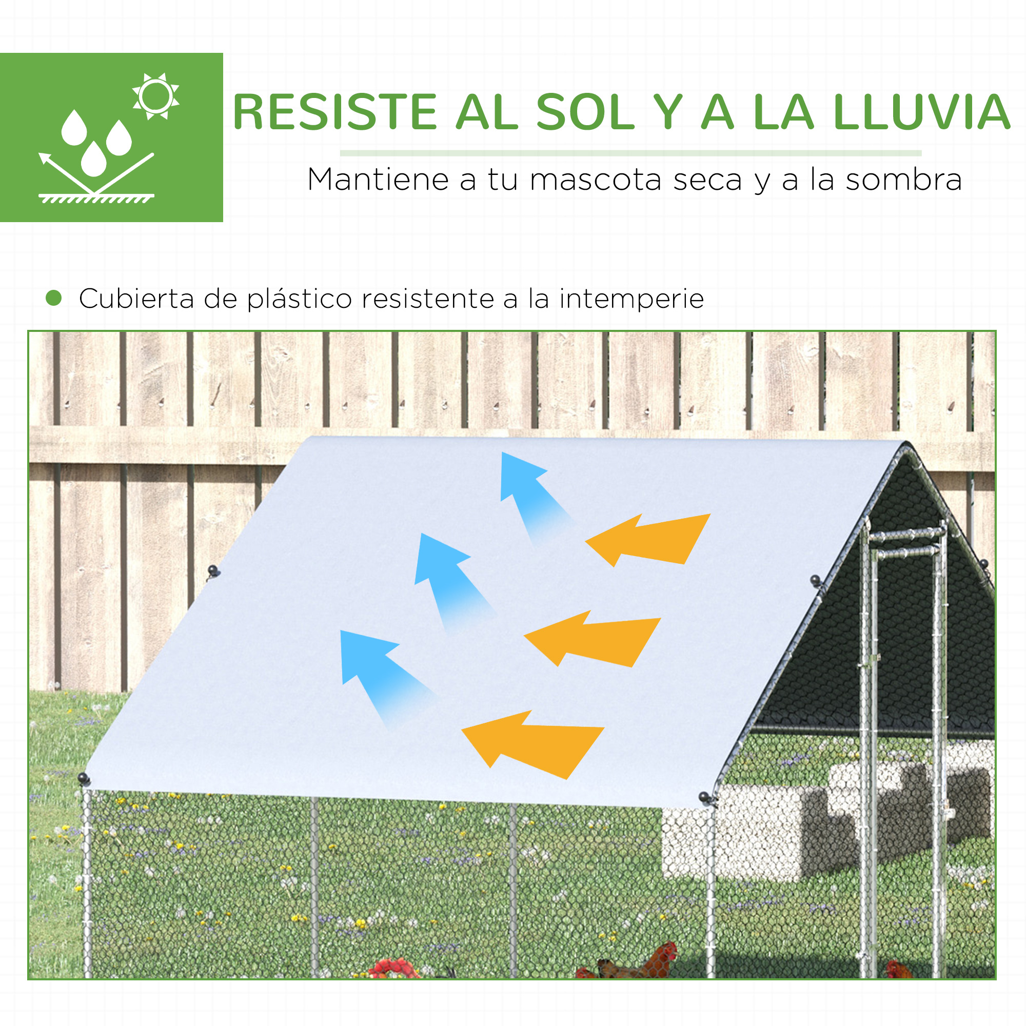 Un gallinero con lona blanca y flechas indicando el flujo de aire.