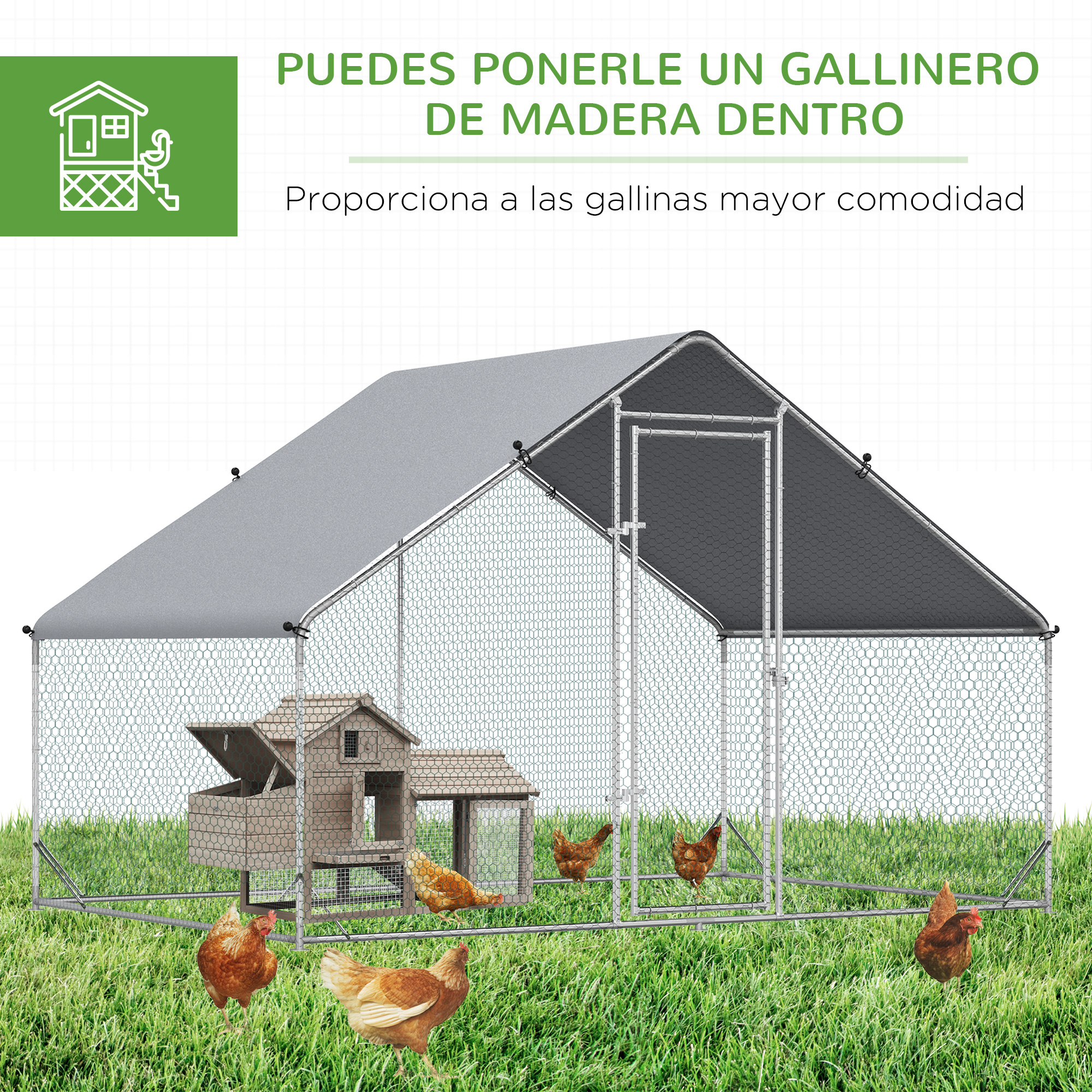 Un gallinero grande con una casita de madera y cinco gallinas en el césped.