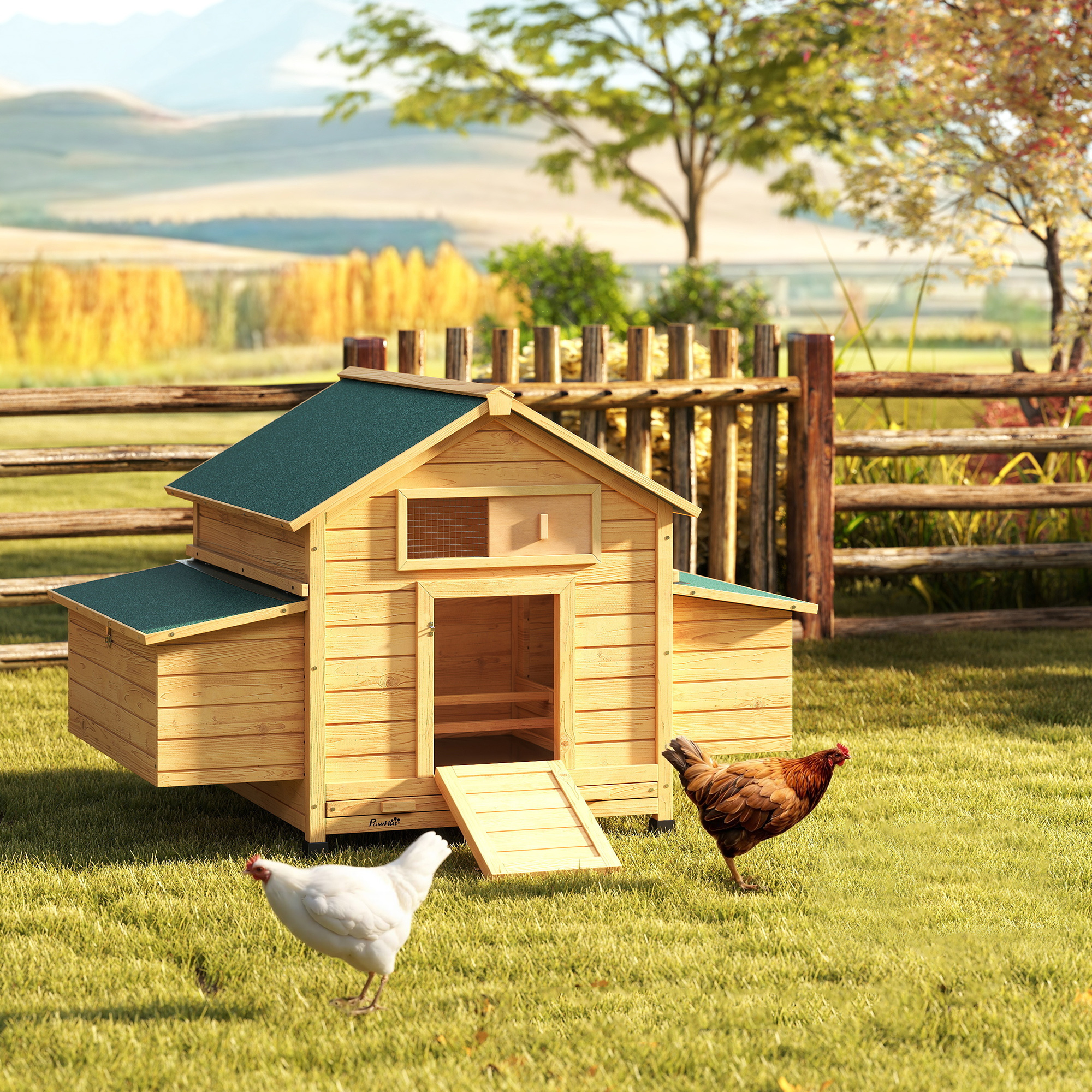 Un gallinero de madera con dos pollos sobre hierba verde, con montañas al fondo.