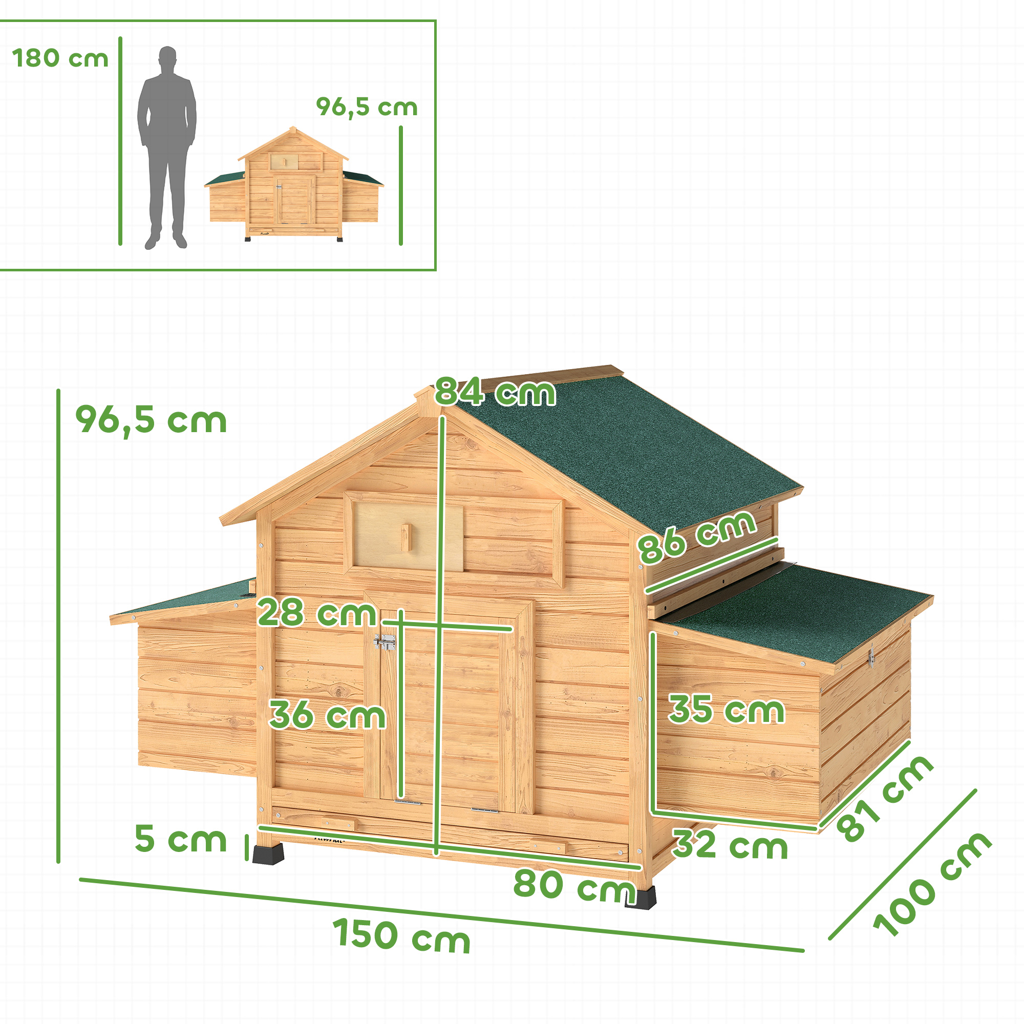 Gallinero de madera con dimensiones y un hombre para comparación de escala.