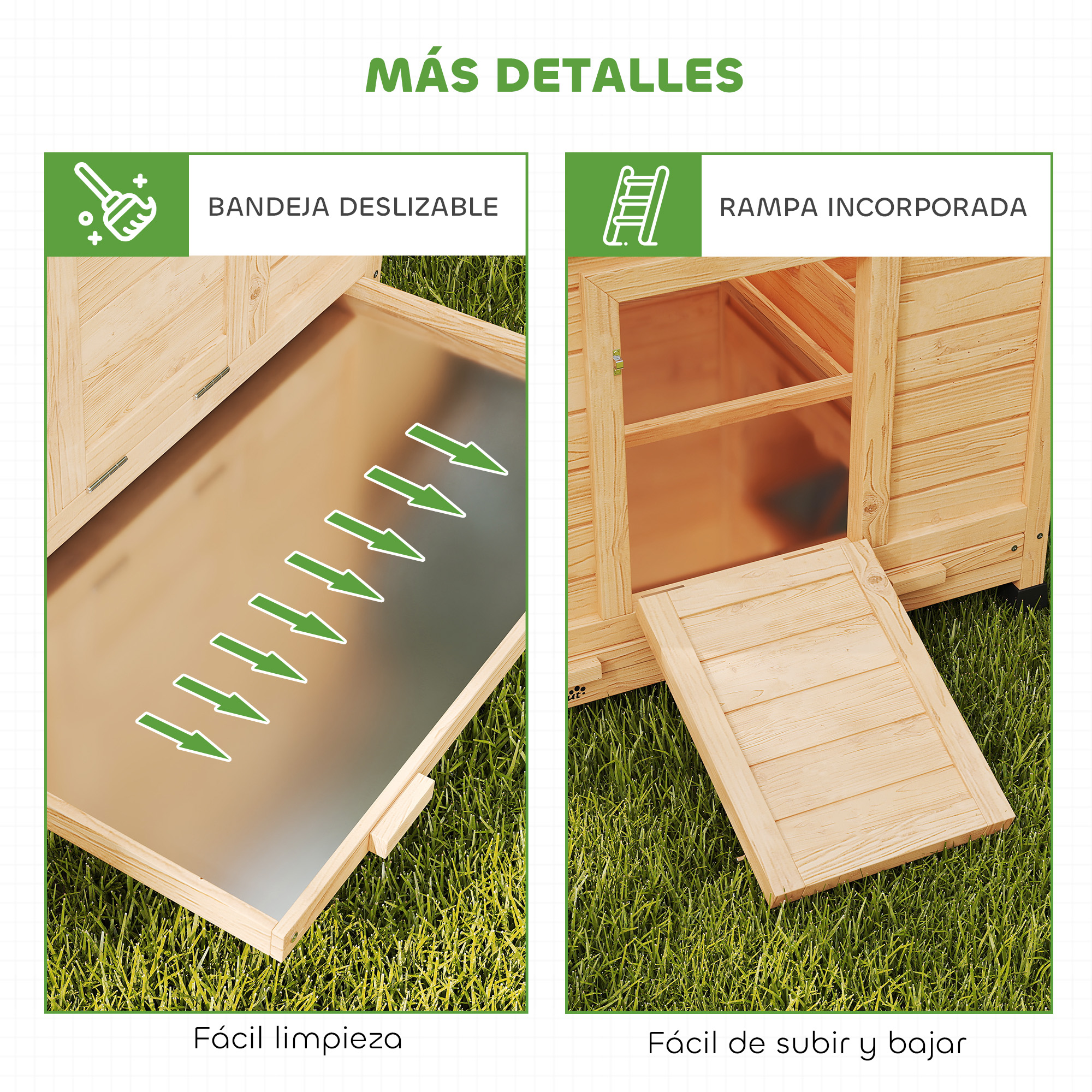 Caseta de madera con bandeja extraíble y rampa sobre césped.