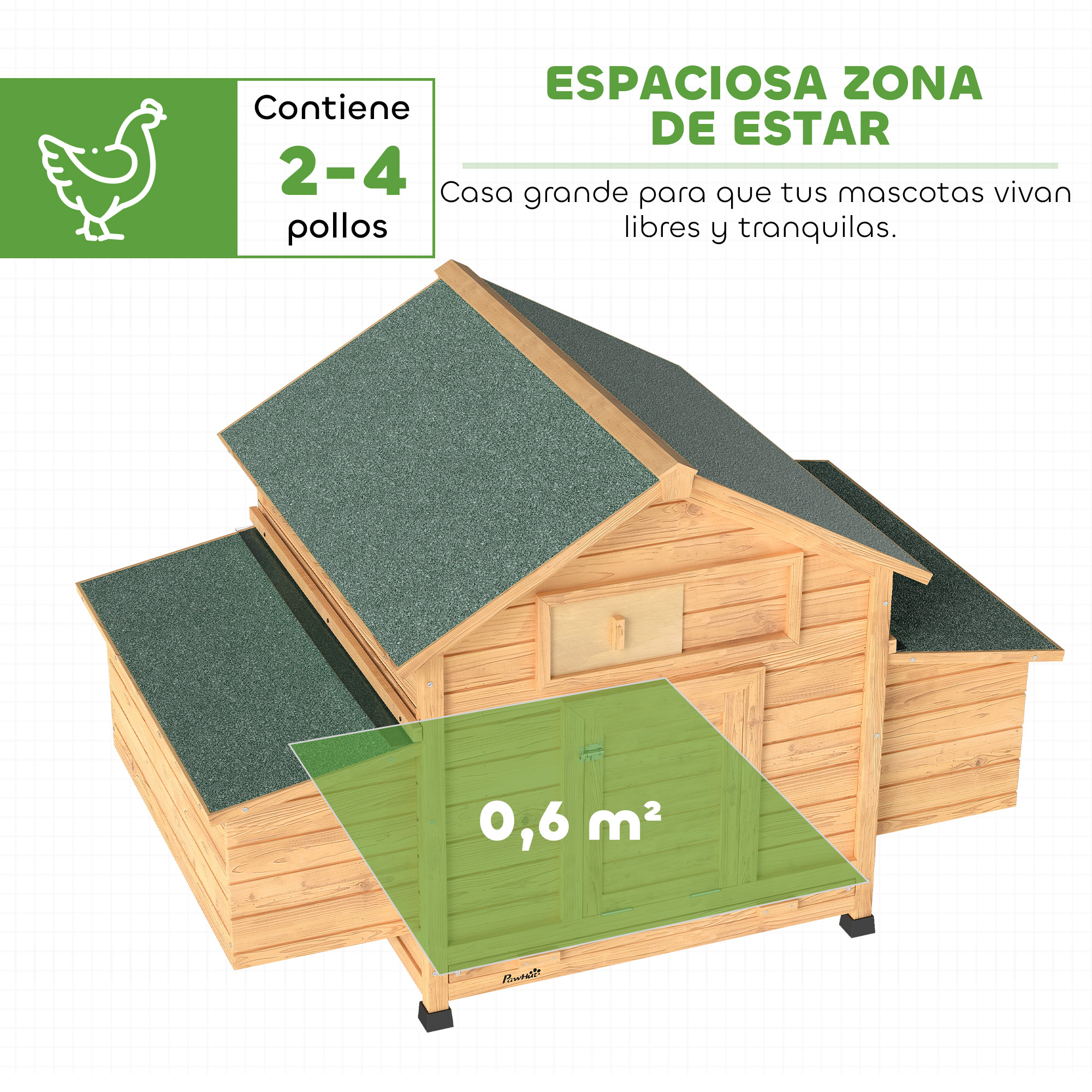Gallinero de madera con dos zonas de estar y cartel para 2-4 pollos.