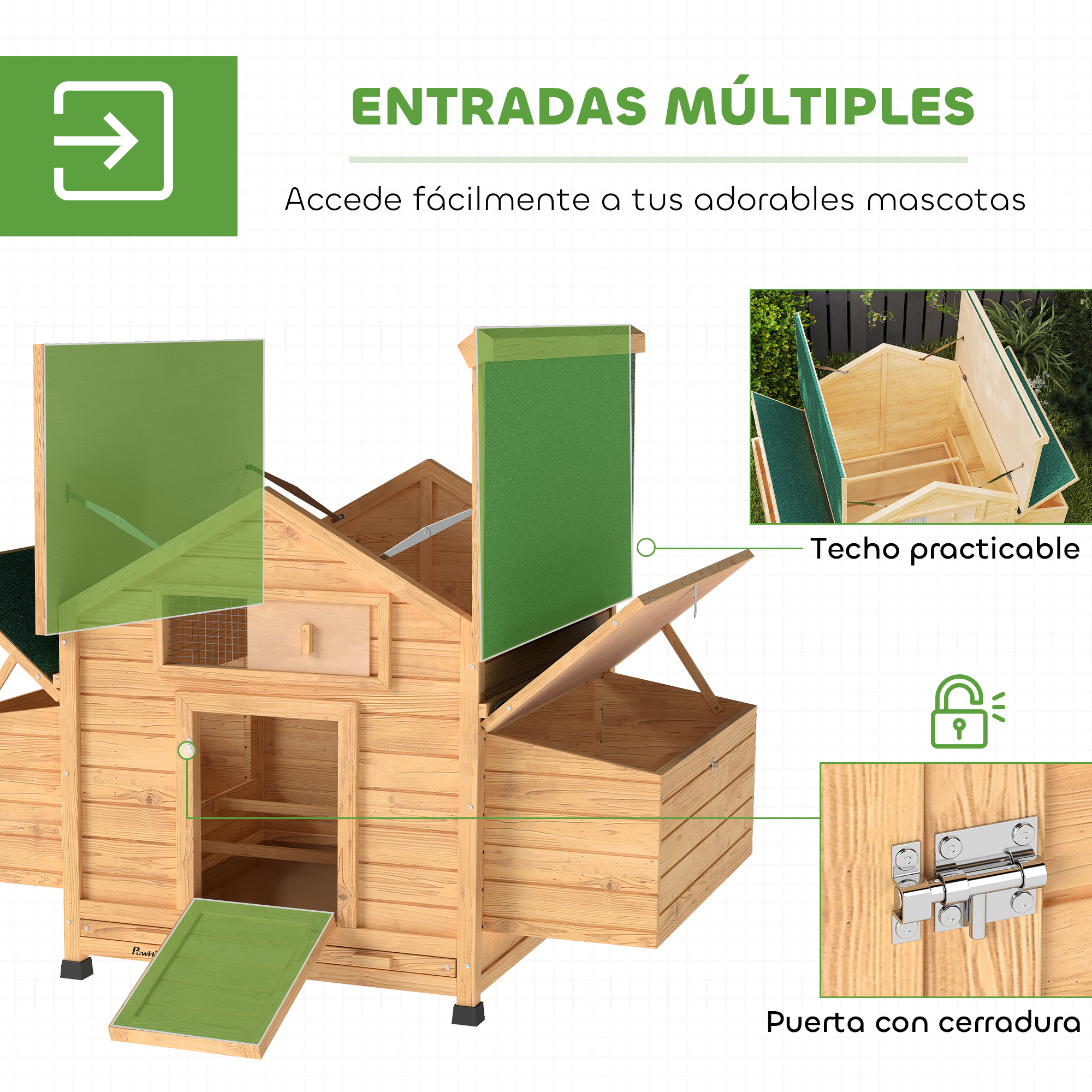 Casa de madera para mascotas con múltiples entradas, techo abatible y pestillo.