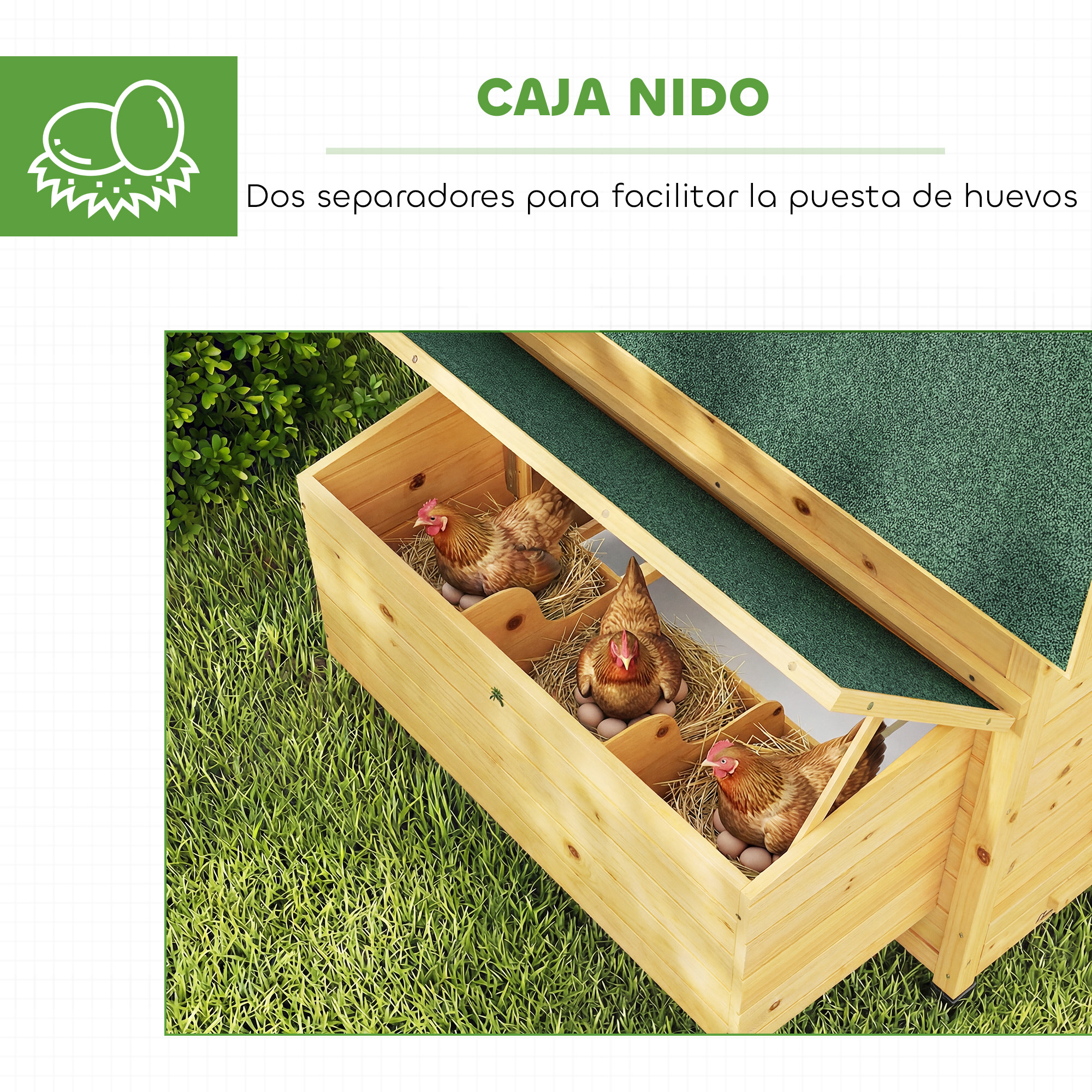 Gallinero de madera con tres gallinas y huevos sobre paja, sobre hierba verde.