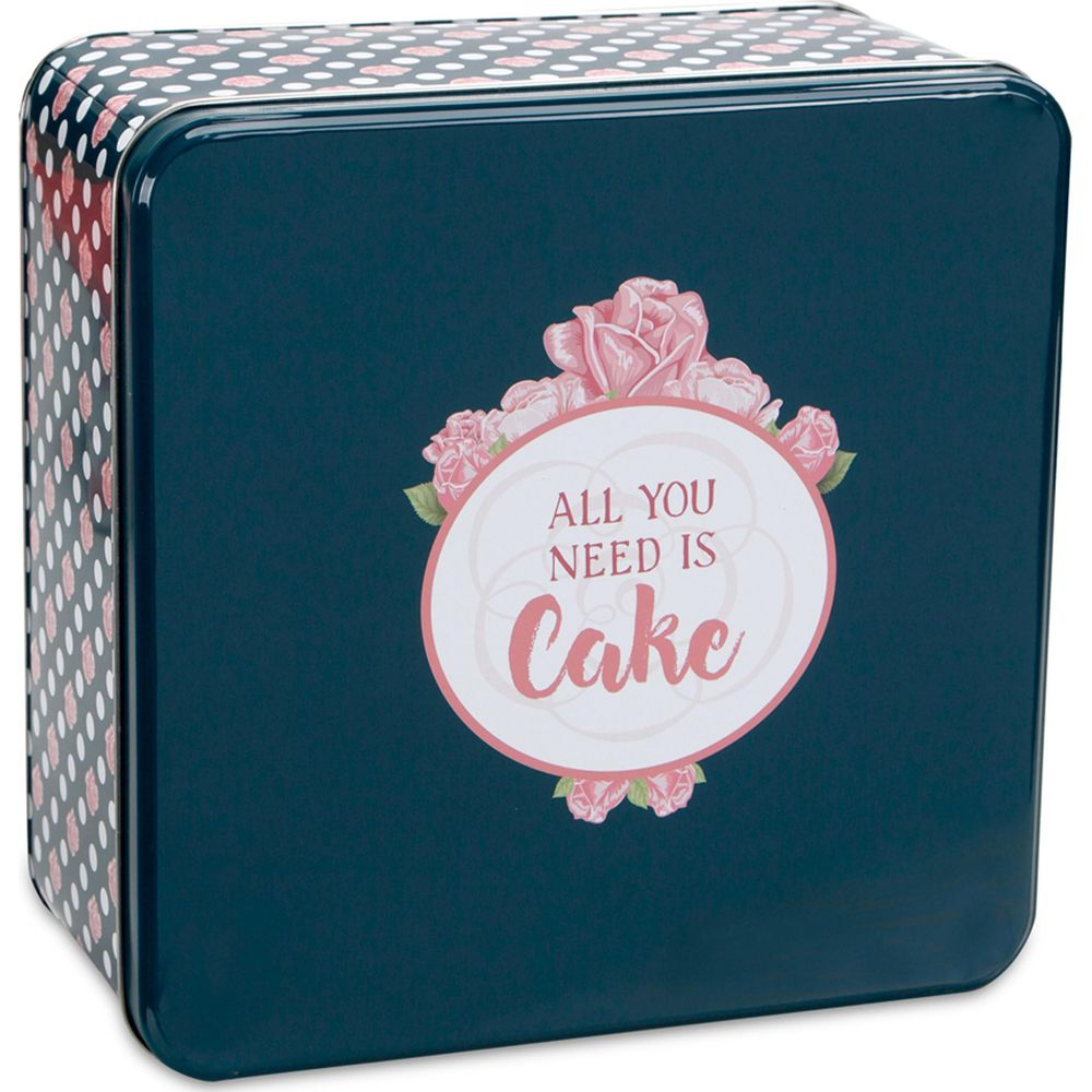 Dunkelblaue Dose mit rosa Tupfen und Rosen. Text: ALL YOU NEED IS Cake.