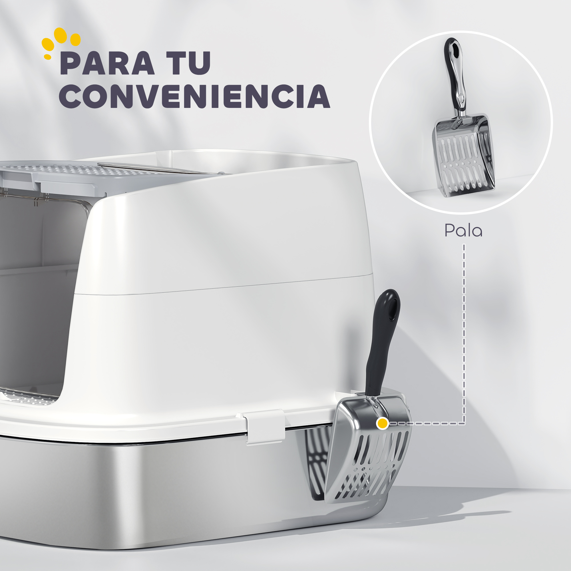 Una pala para caja de arena de metal con mango negro. Etiquetada como 'Pala'.