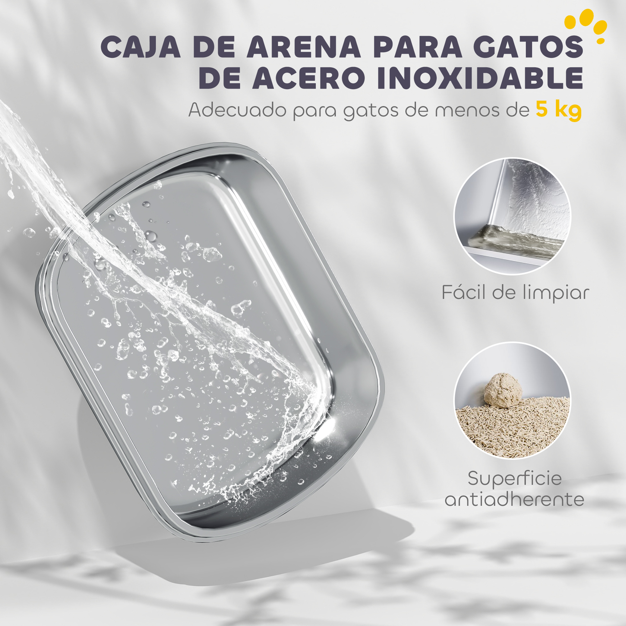 Bandeja sanitaria de acero inoxidable para gatos de menos de 5 kg.
