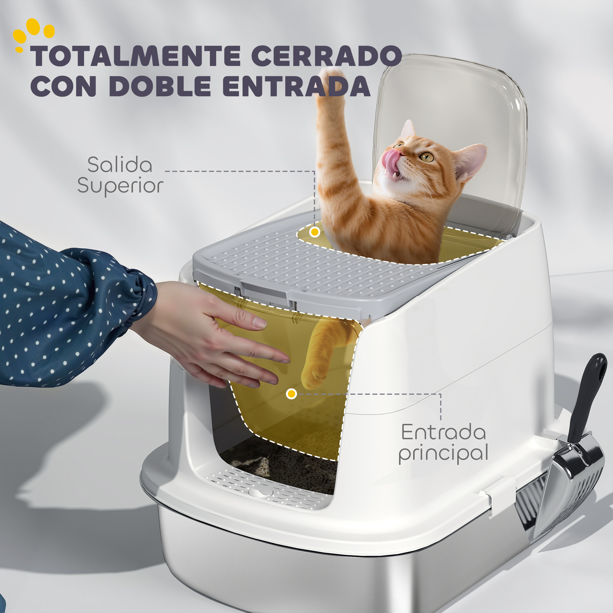 Un gato atigrado naranja se lame los labios dentro de una caja de arena cerrada.