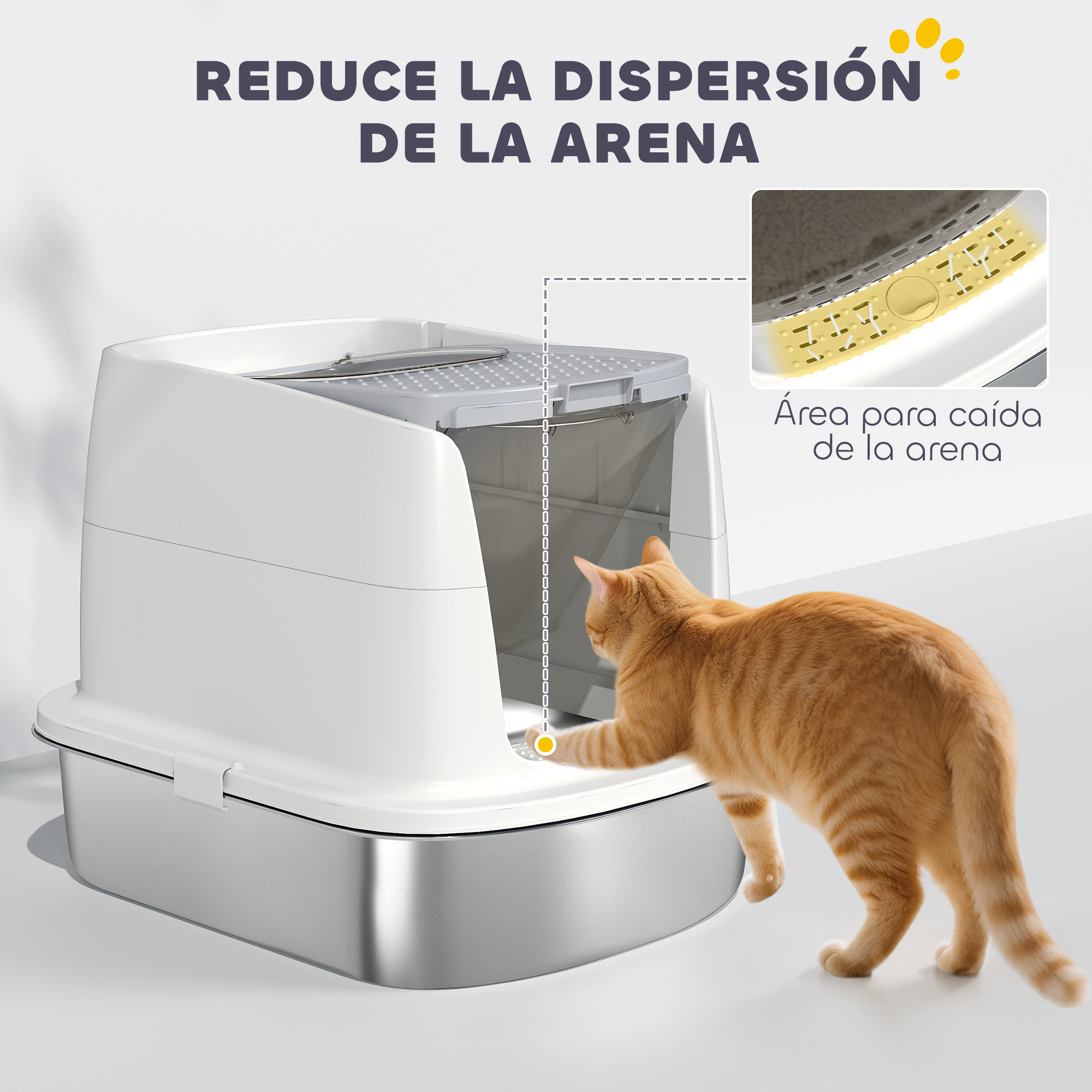 Un gato naranja se acerca a una caja de arena blanca con base plateada.
