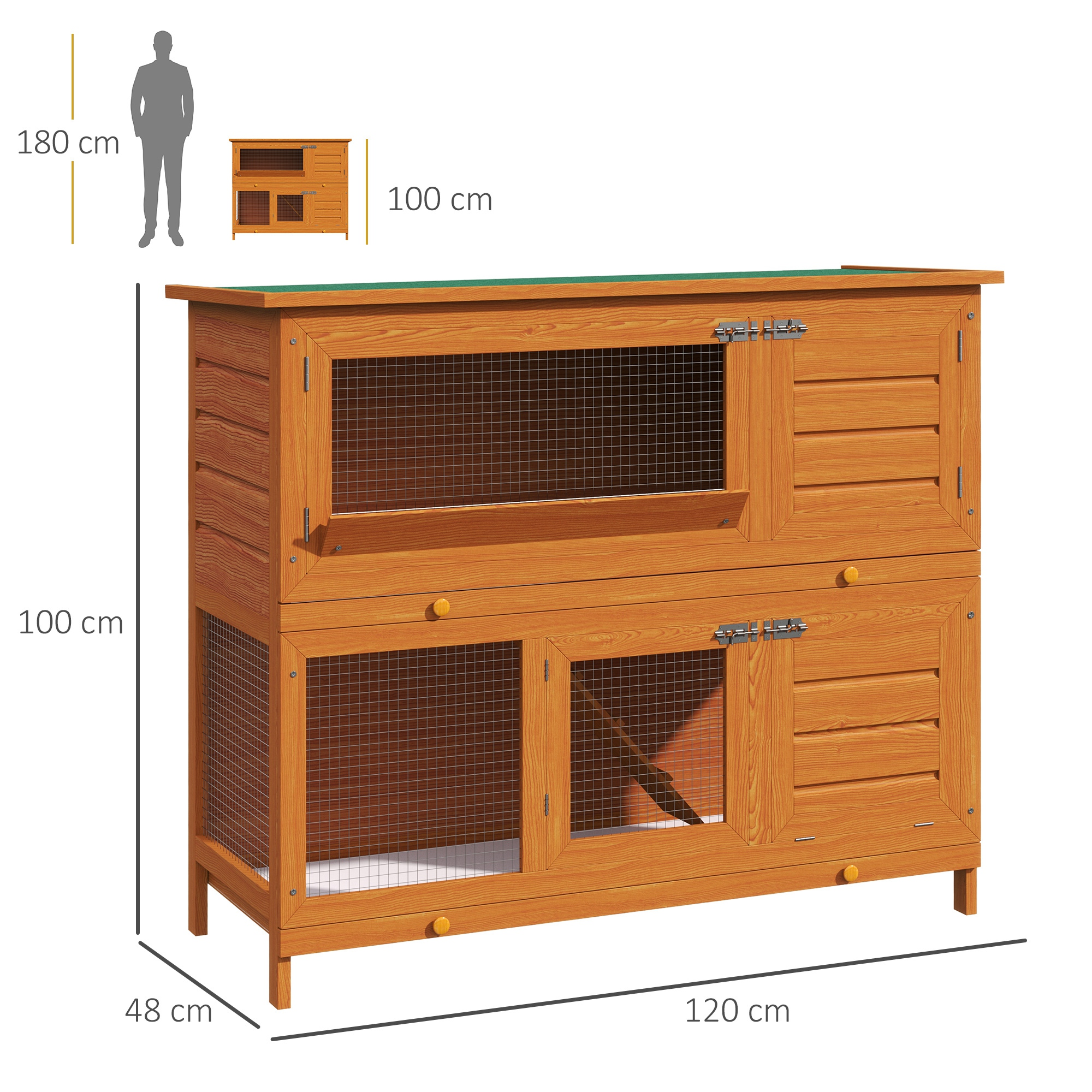 Una conejera de madera de dos niveles con puertas y ventanas de malla.