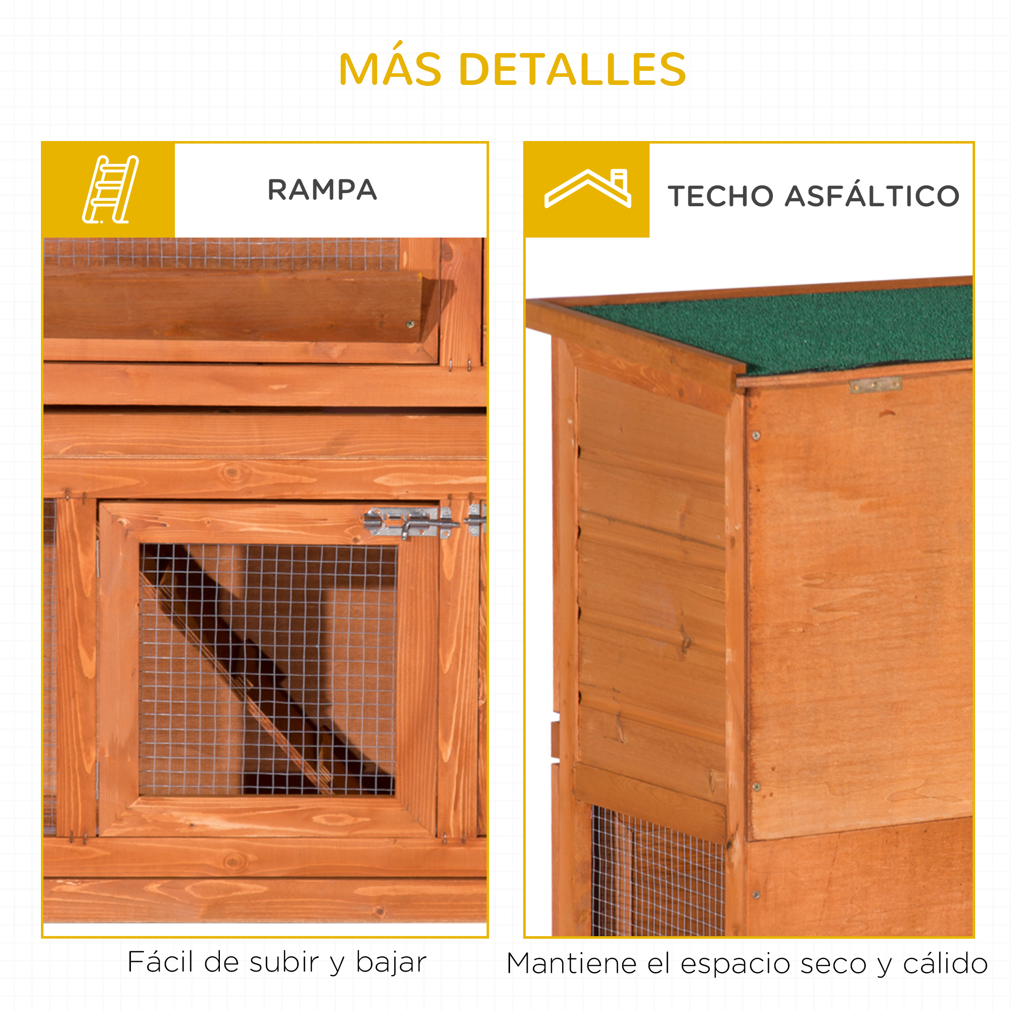 Jaula de madera con rampa y techo asfáltico. Vistas detalladas.