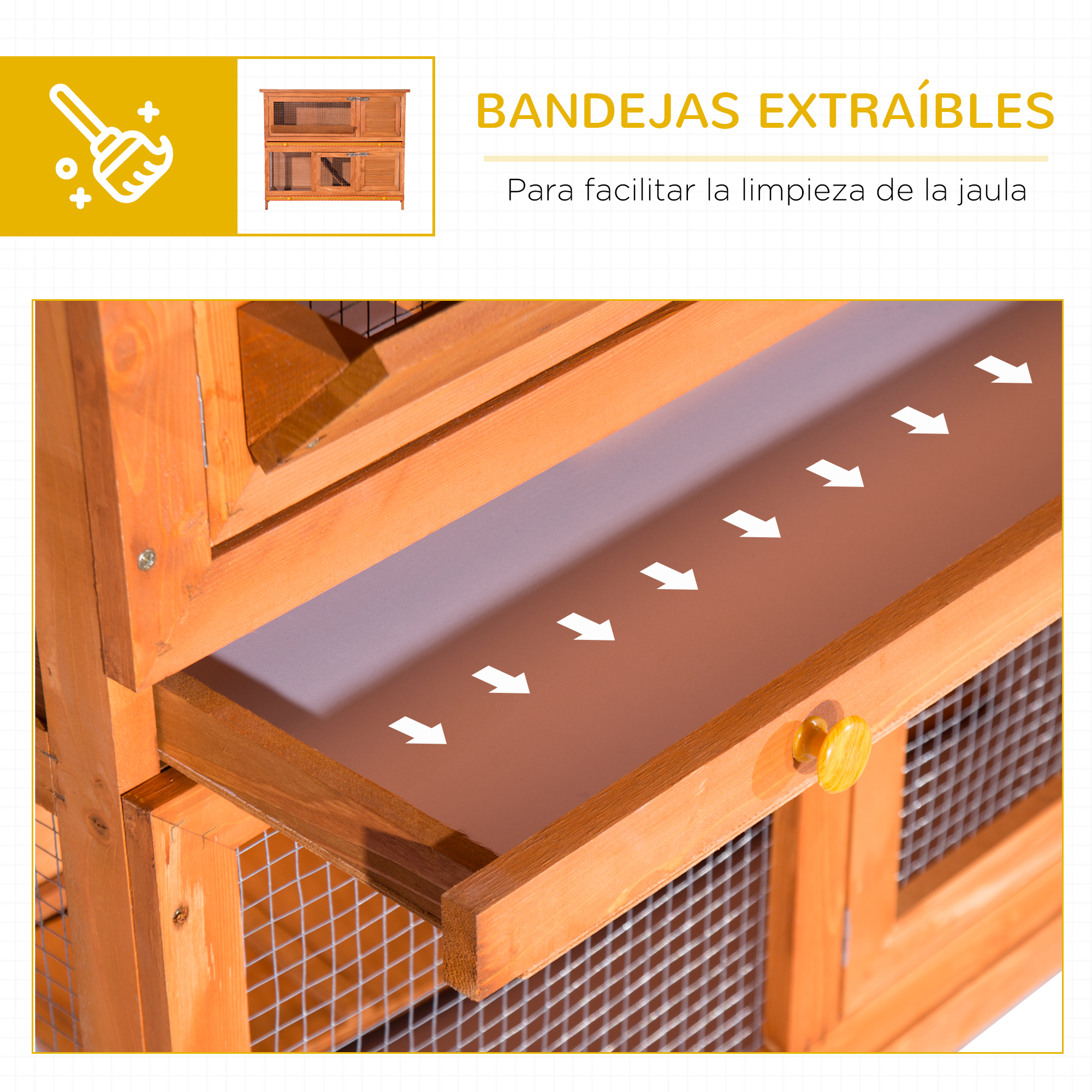 Jaula de madera con cajones extraíbles y flechas blancas indicando movimiento.