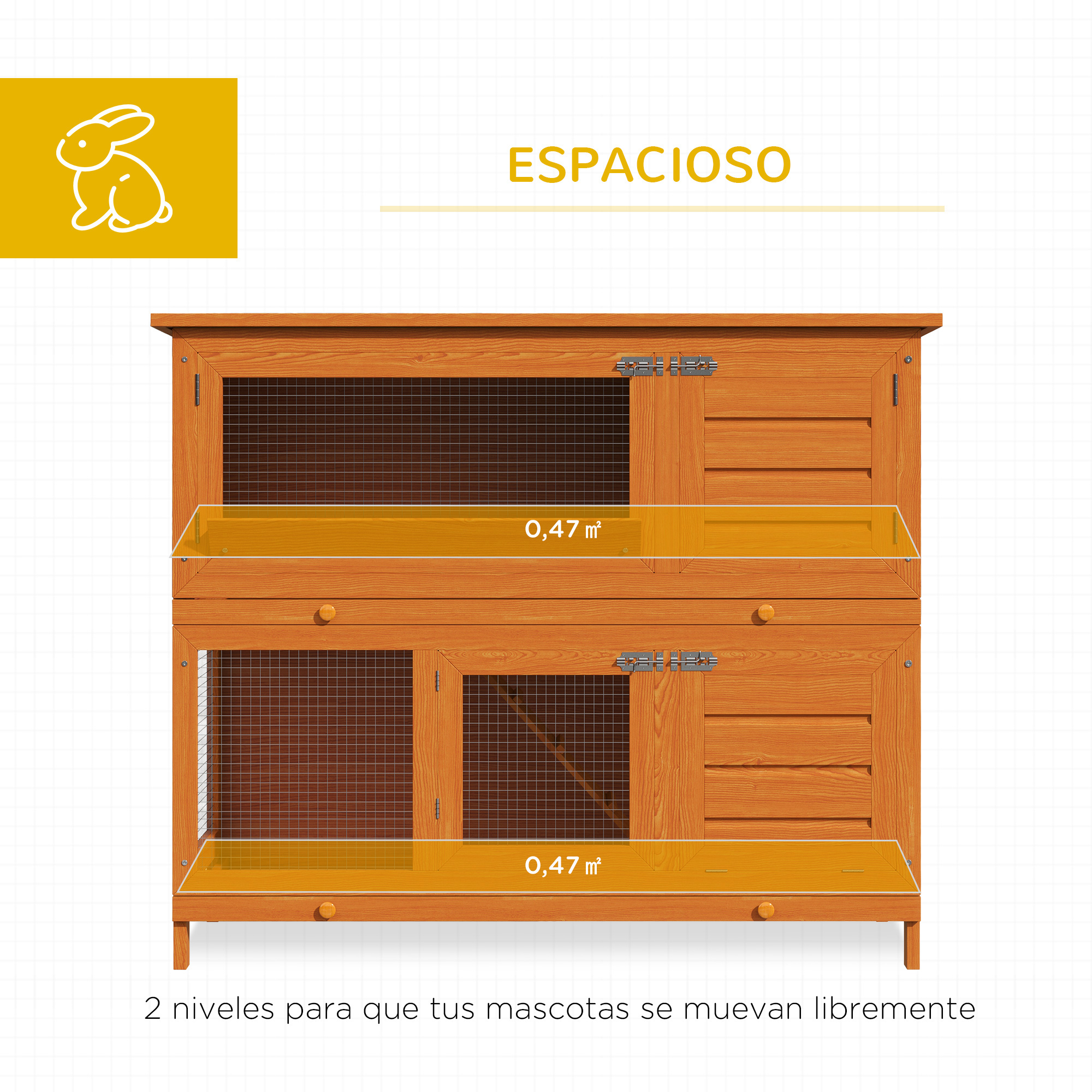 Conejera de madera de dos niveles, 0,47 m² por nivel.
