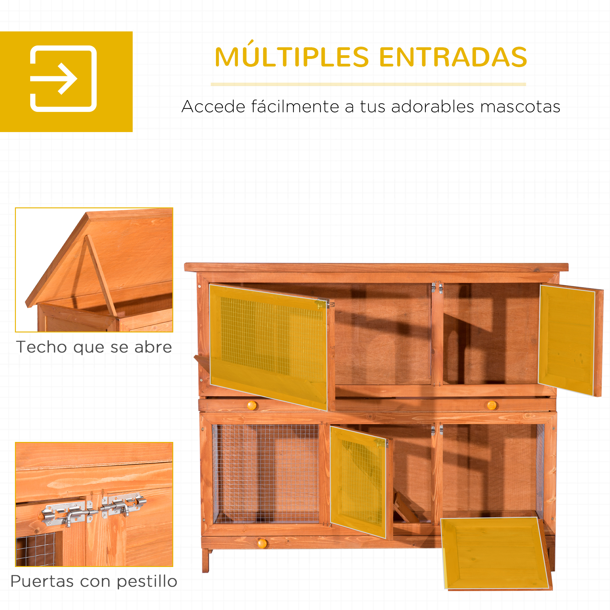 Una jaula de madera con múltiples compartimentos y puertas amarillas.
