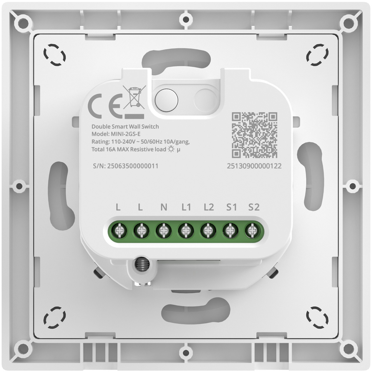 Tył białego inteligentnego przełącznika ściennego ze złączami i etykietami.