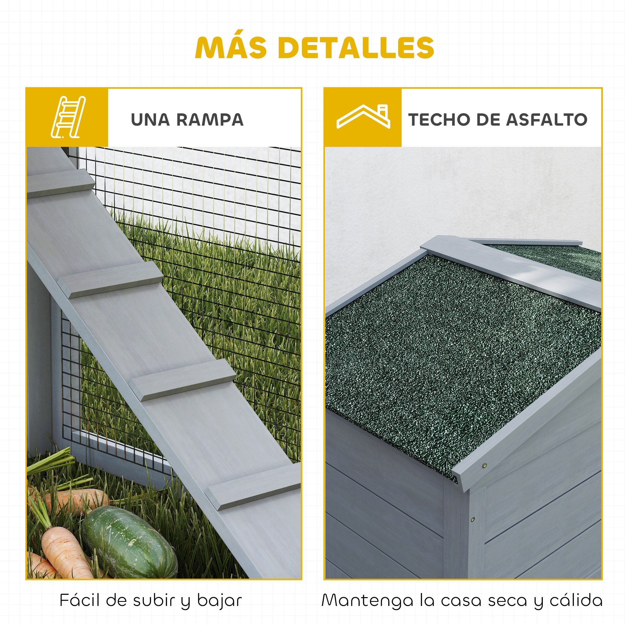 Rampa gris con escalones y techo de asfalto verde. Zanahorias y pepino en el césped.