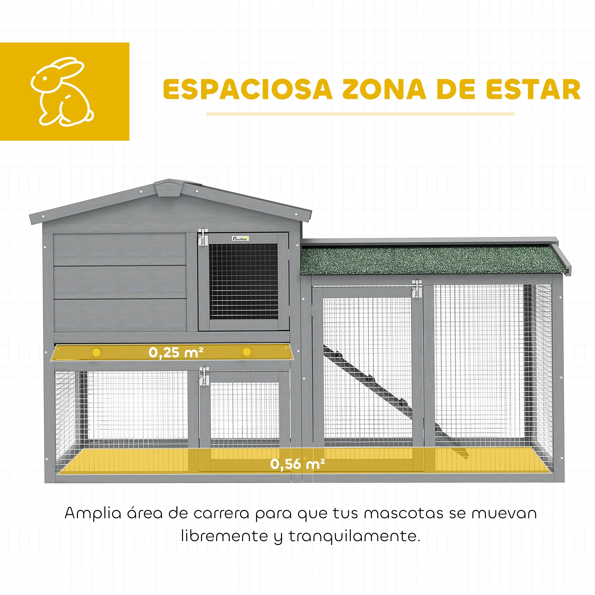 Cabaña de madera gris con dos niveles y puertas de malla.