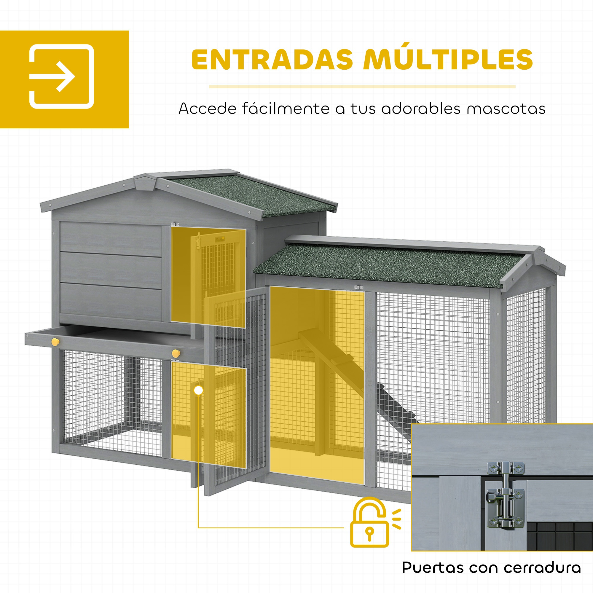 Recinto gris para mascotas con múltiples puertas de malla y pestillos.