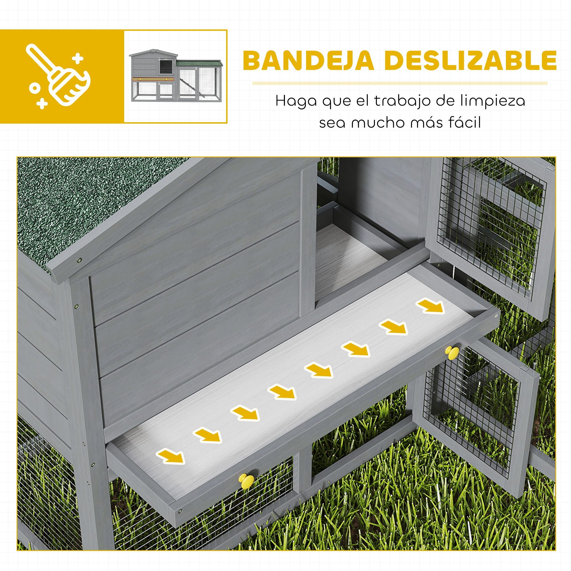 Cabaña de madera gris con bandeja extraíble y flechas amarillas sobre césped.