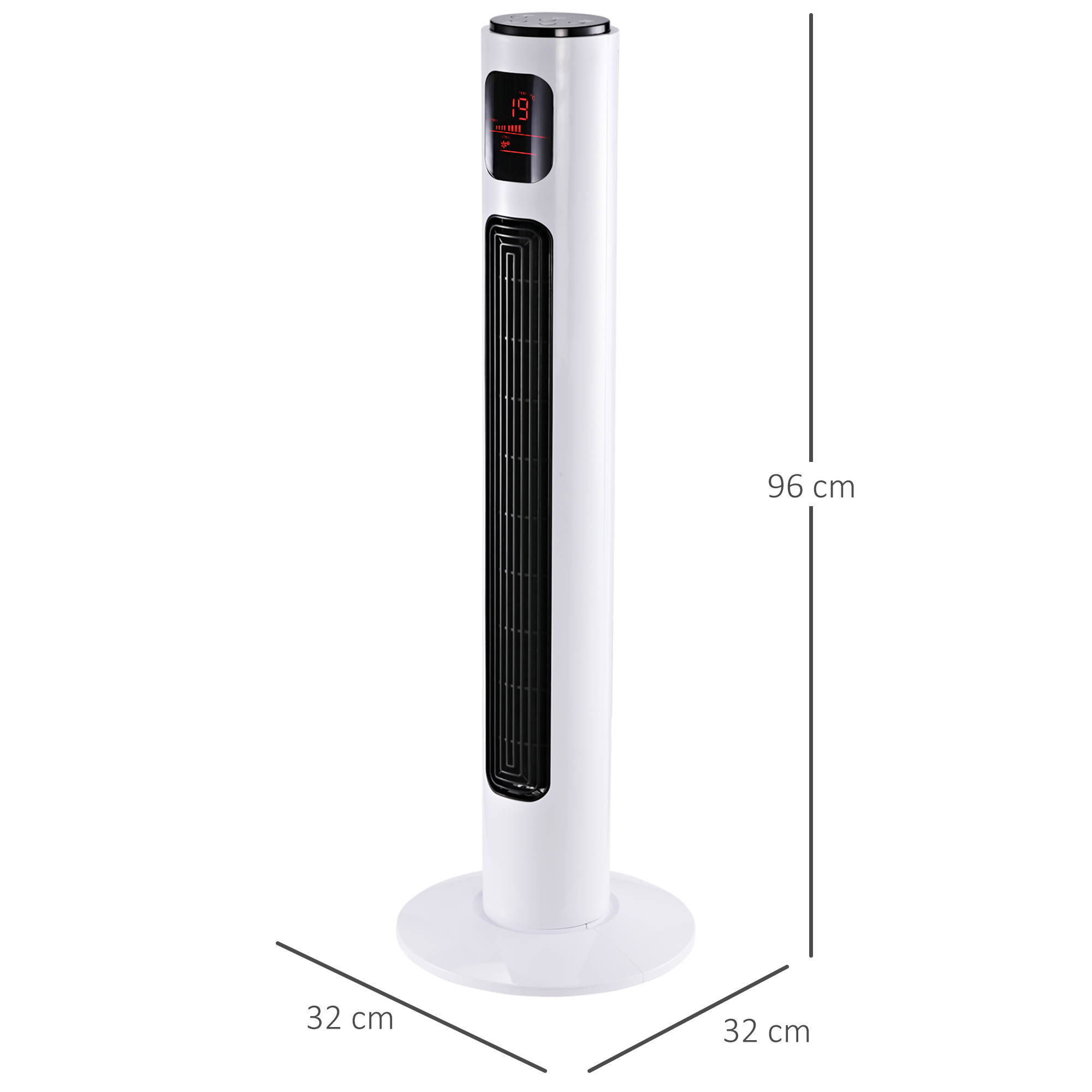Un ventilador de torre blanco con rejilla negra, de 96 cm de altura.