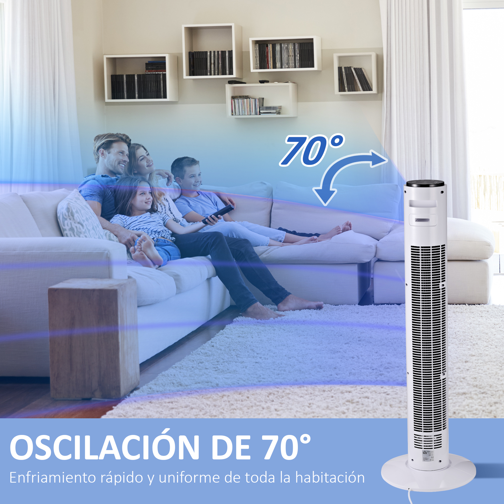 Familia en sofá, ventilador con oscilación de 70 grados.