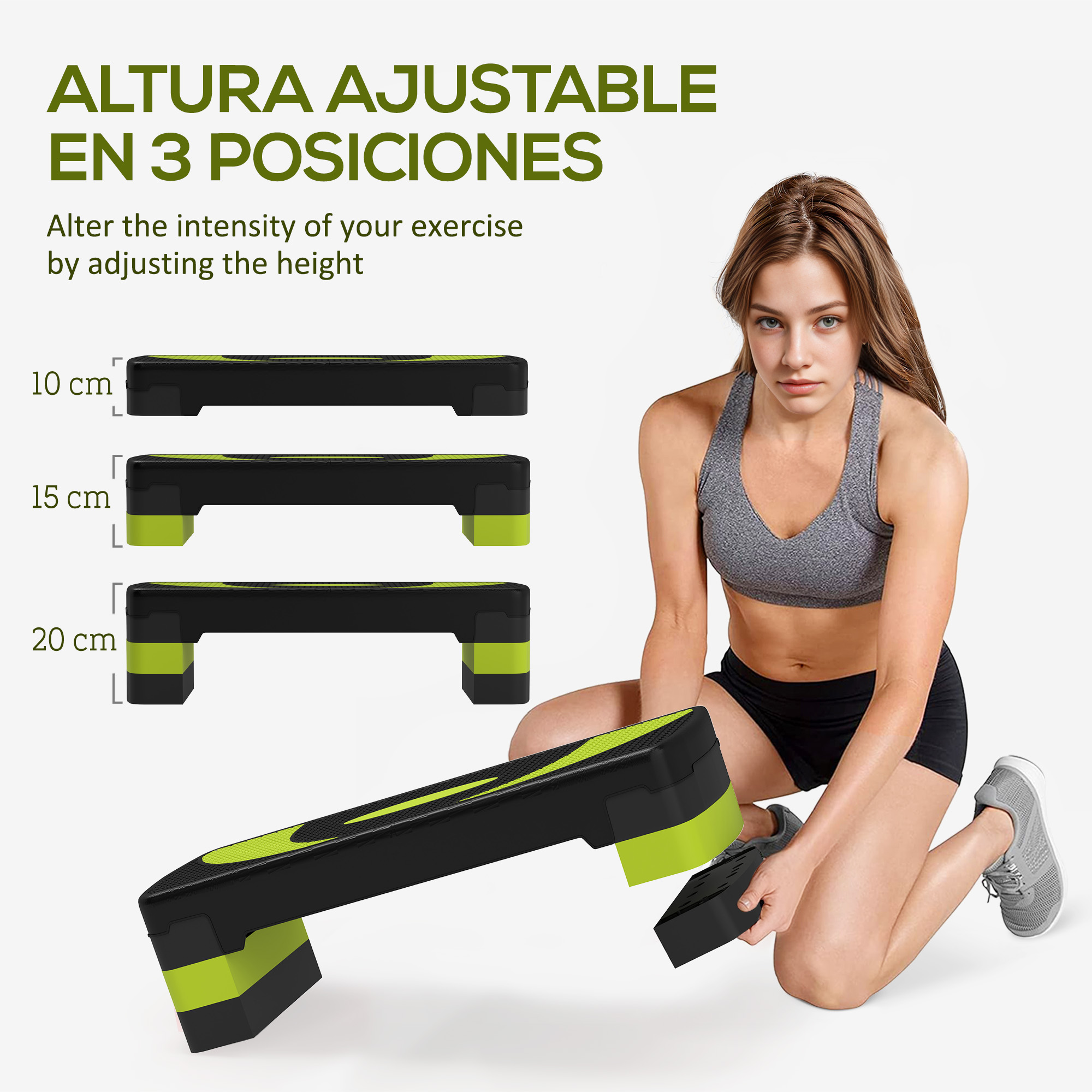 Mujer arrodillada junto a un step aeróbico de altura ajustable en negro y verde.