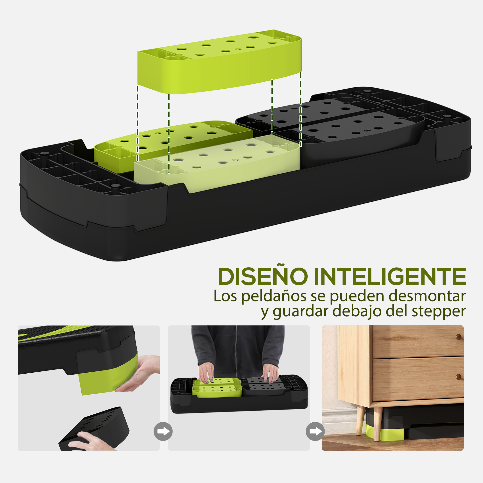 Un set de step con elevadores negro y verde neón, apilados bajo muebles para guardarlos.