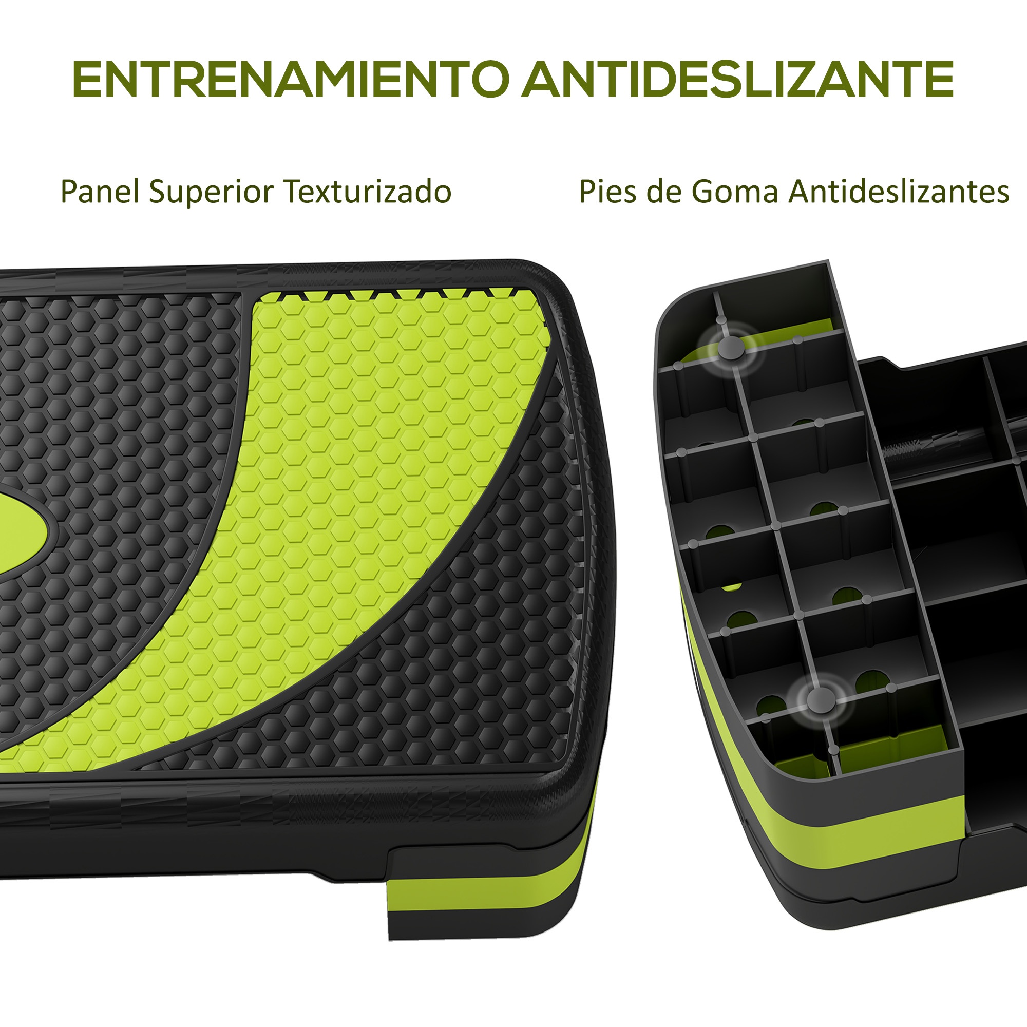 Step de fitness negro con detalles verde neón. Superficie superior texturizada y pies de goma.