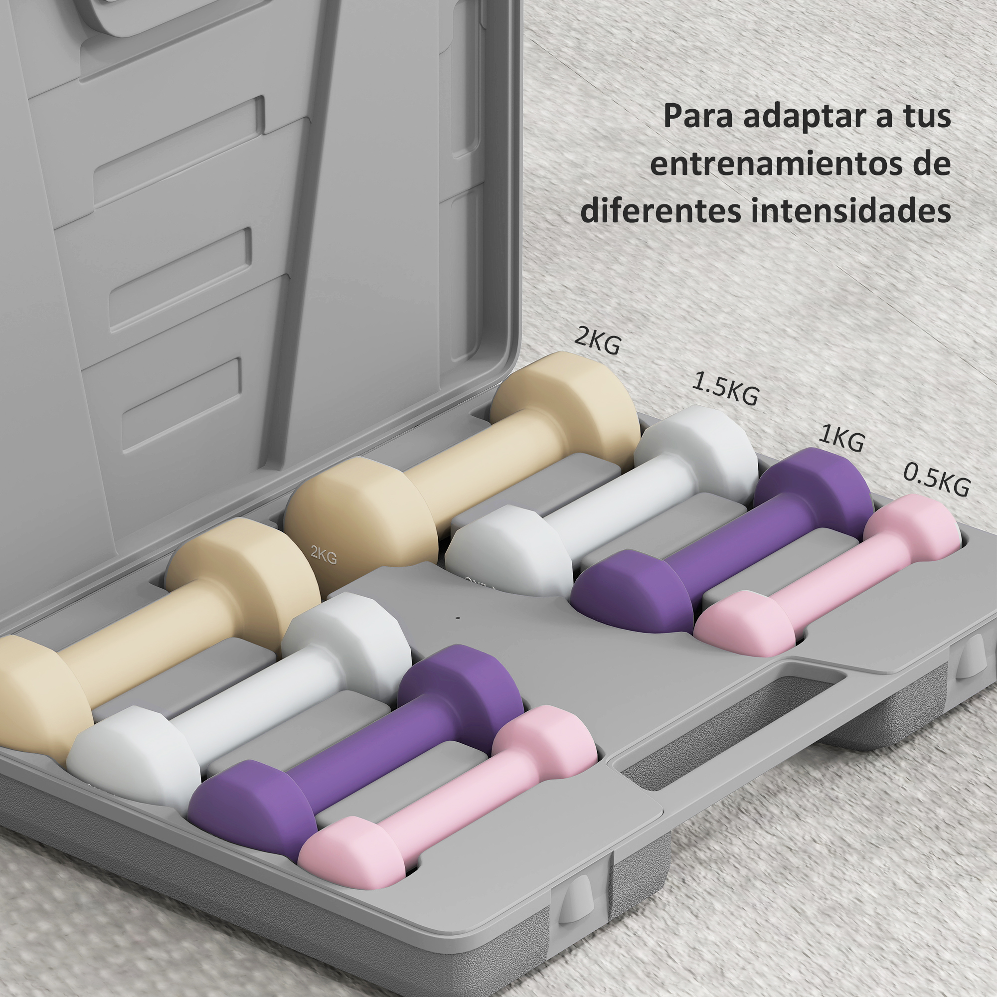 Set de mancuernas en un estuche gris: mancuernas beige, blancas, moradas y rosas.