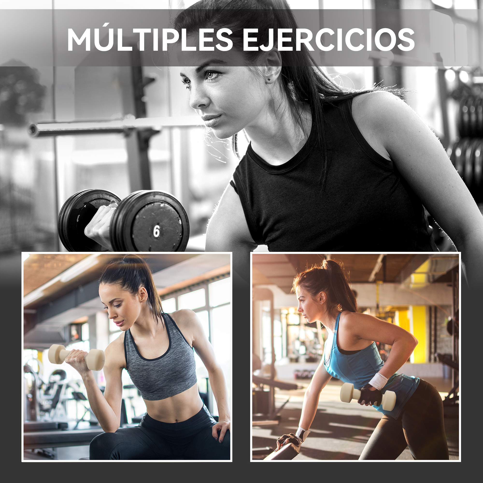 Tres mujeres hacen ejercicio con mancuernas en un gimnasio.