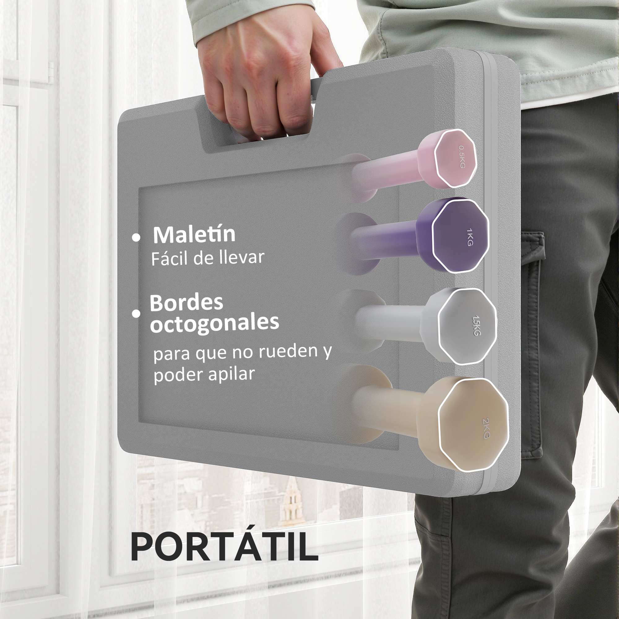 Maletín gris con mancuernas de colores: 0,5kg, 1kg, 1,5kg, 2kg.
