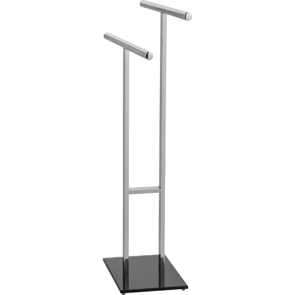 Un porte-serviettes argenté avec deux barres et une base noire.