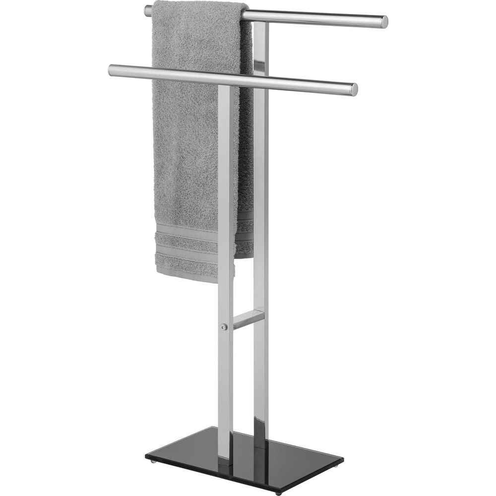 Un porte-serviettes en métal avec deux barres et une base noire, tenant une serviette grise.