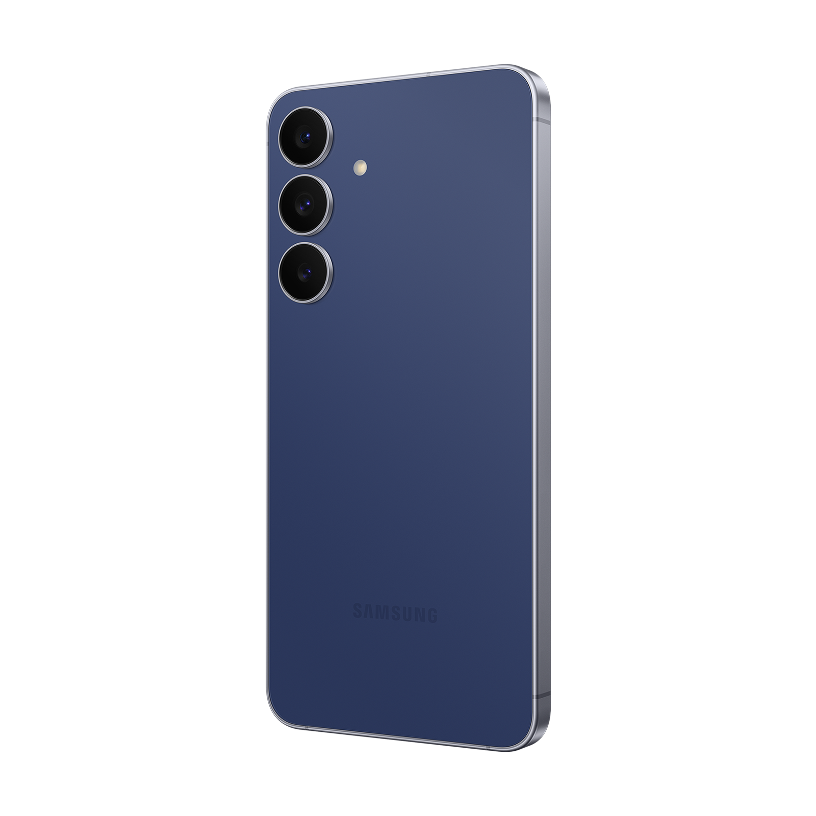 Ein blaues Samsung-Smartphone mit drei Kameras und silbernem Rahmen.