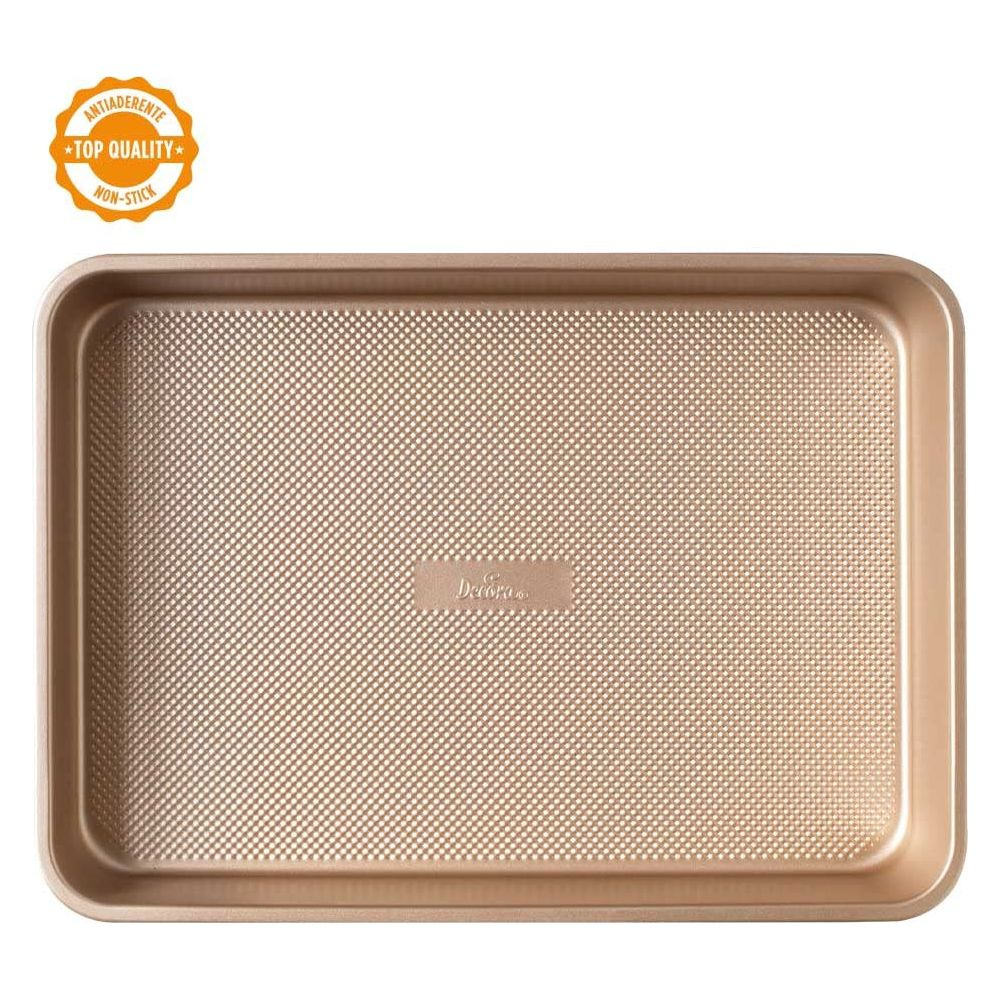 Goldene Antihaft-Backblech mit Prägemuster und Logo. Top Qualität.