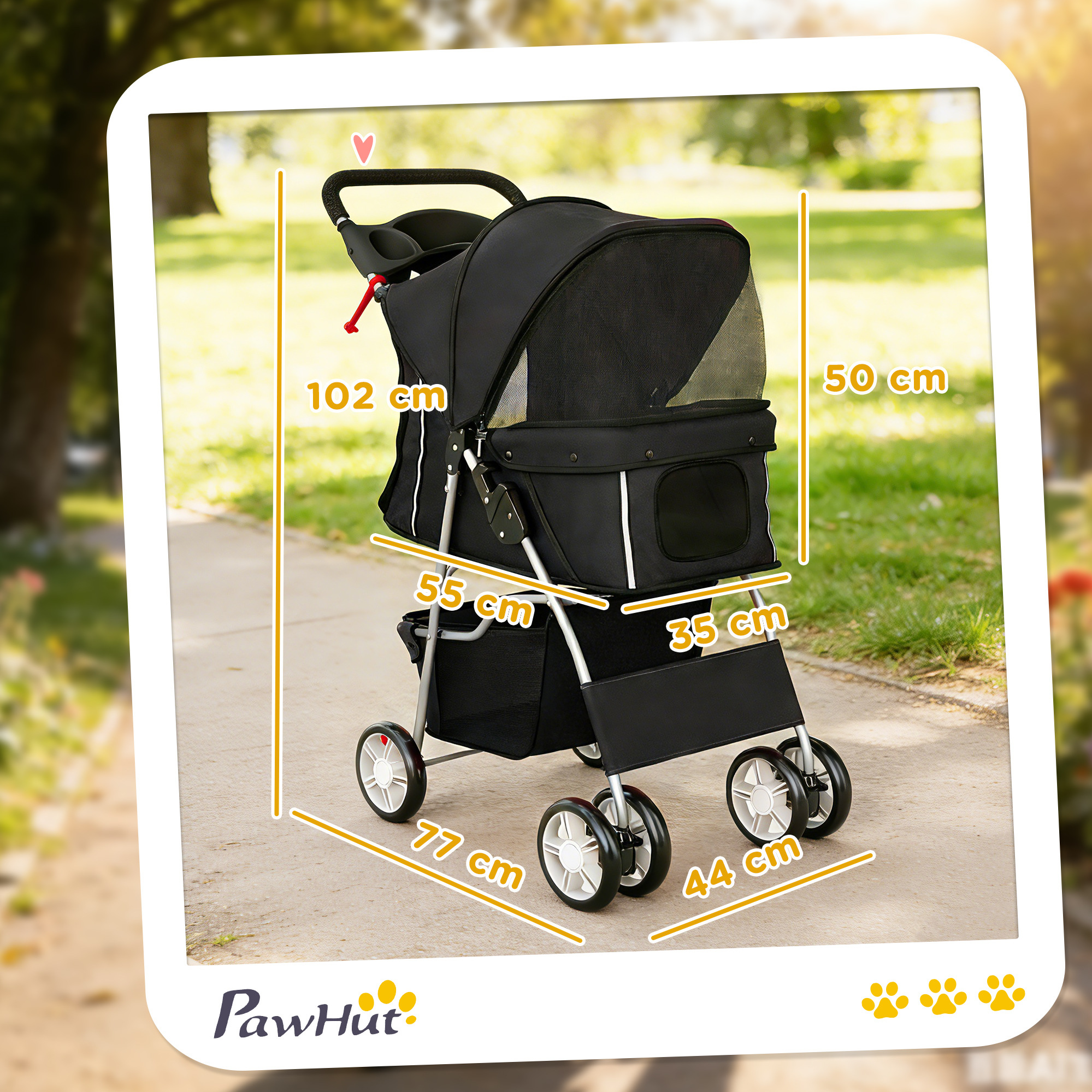 Cochecito negro para perros con medidas 102x50x35x77x44 cm en acera.