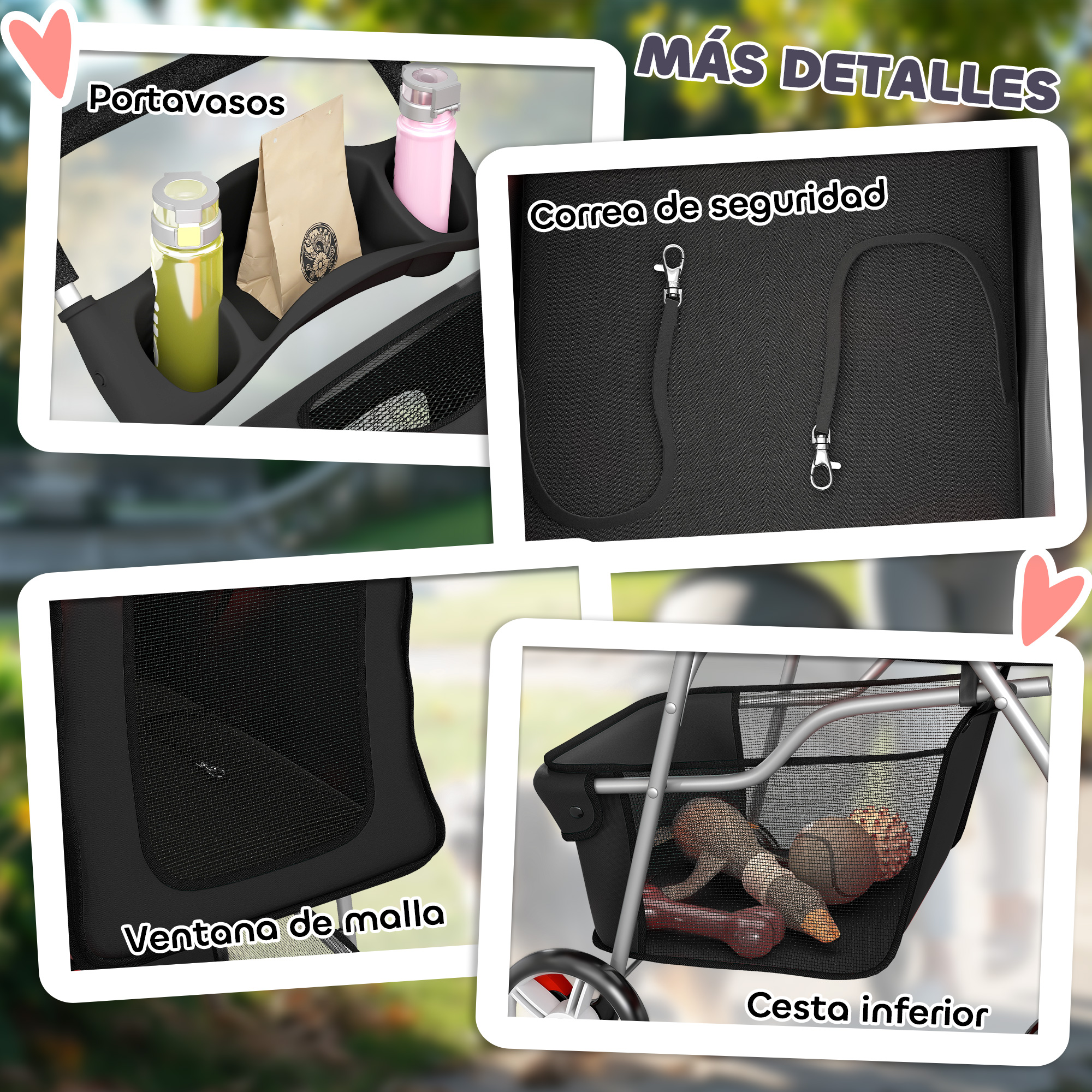 Detalles del cochecito: portavasos, correa de seguridad, ventana de malla y cesta.