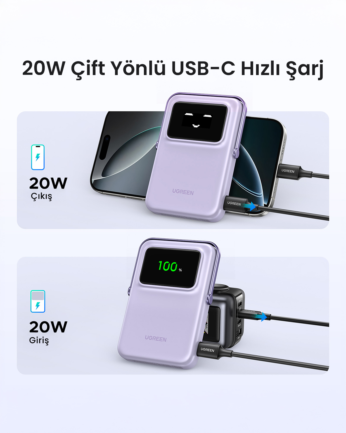 Fioletowy power bank ładuje telefon (góra) i jest ładowany (dół).