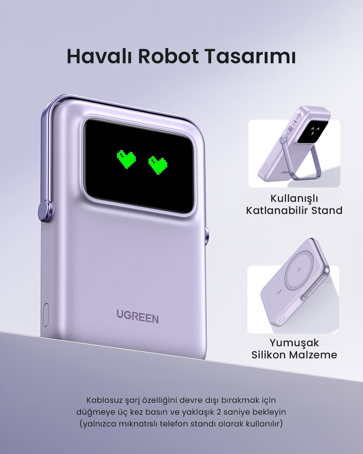 Fioletowa ładowarka robot z dwoma zielonymi sercami pikselowymi na ekranie. Zawiera stojak.