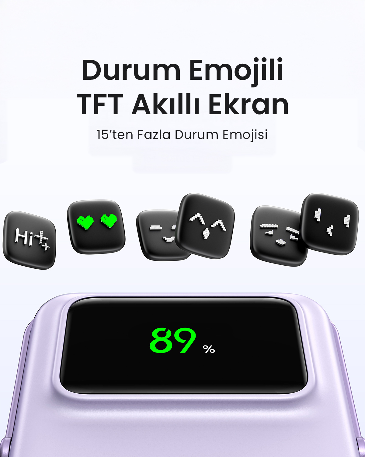Fioletowy smartwatch wyświetlający 89% baterii i ikony emoji.